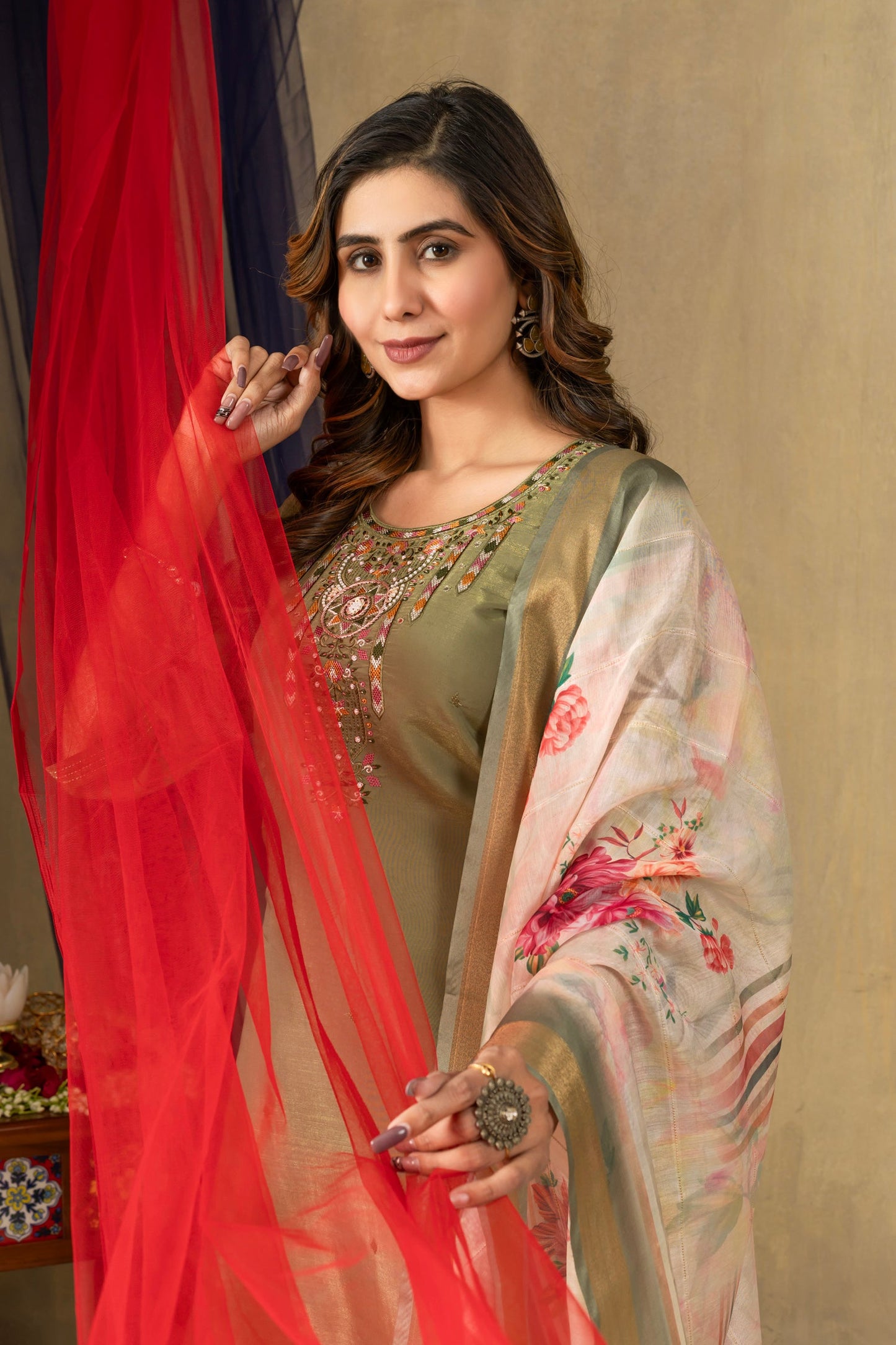 Lorenvalley Fashion Green Shimmer Gold Silk Multi Embroidery Thread With Hand Work Kurta Pant Dupatta - Swadesiicart