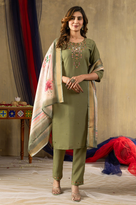 Lorenvalley Fashion Green Shimmer Gold Silk Multi Embroidery Thread With Hand Work Kurta Pant Dupatta - Swadesiicart