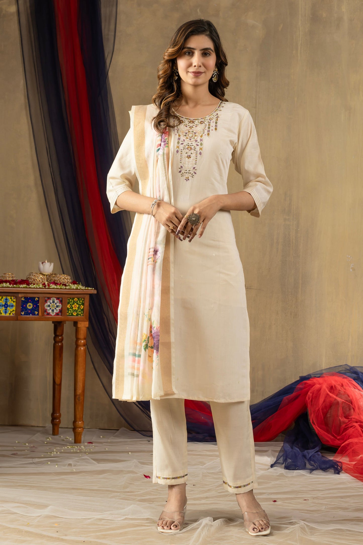 Lorenvalley Fashion Offwhite Shimmer Gold Silk Multi Embroidery Thread With Hand Work Kurta Pant Dupatta - Swadesiicart