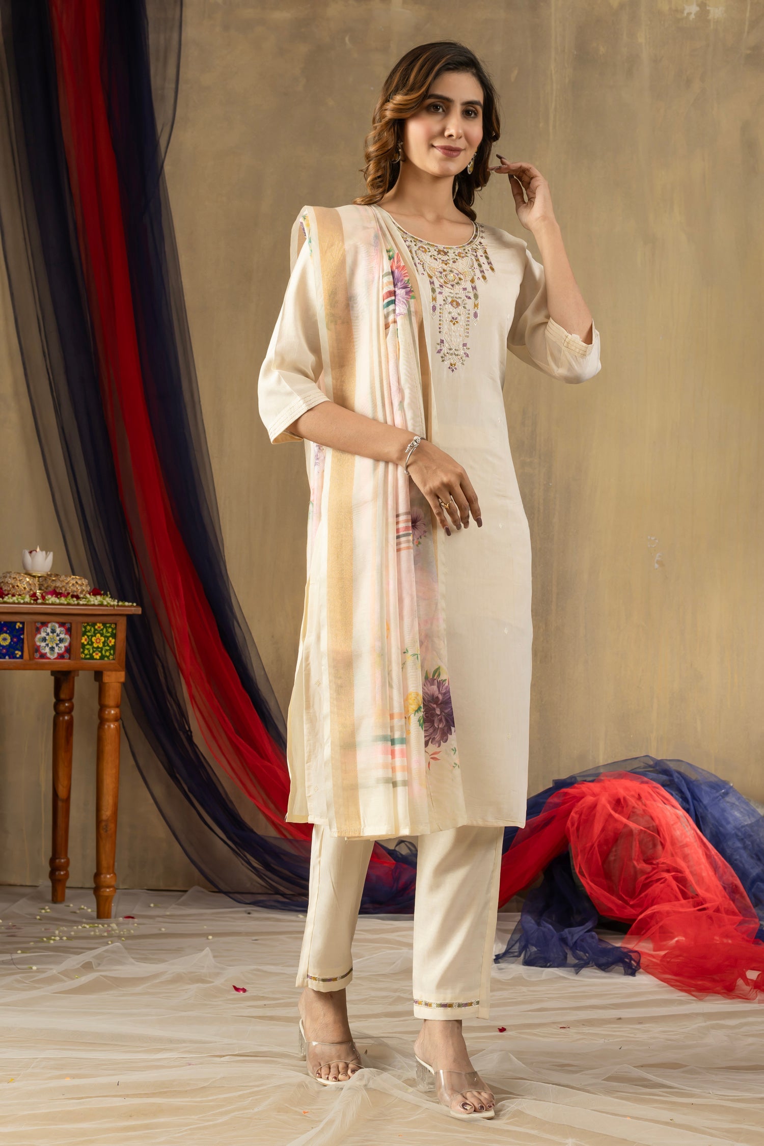 Lorenvalley Fashion Offwhite Shimmer Gold Silk Multi Embroidery Thread With Hand Work Kurta Pant Dupatta - Swadesiicart