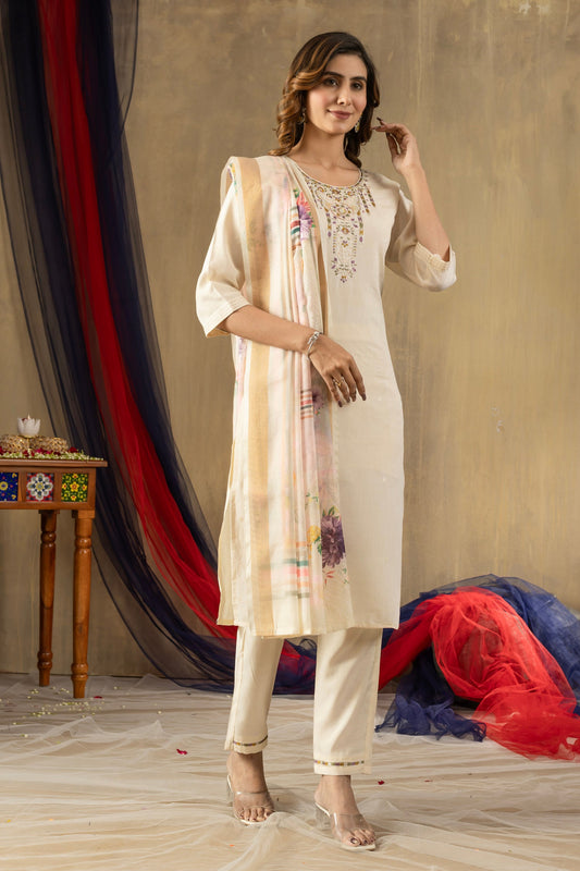 Lorenvalley Fashion Offwhite Shimmer Gold Silk Multi Embroidery Thread With Hand Work Kurta Pant Dupatta - Swadesiicart