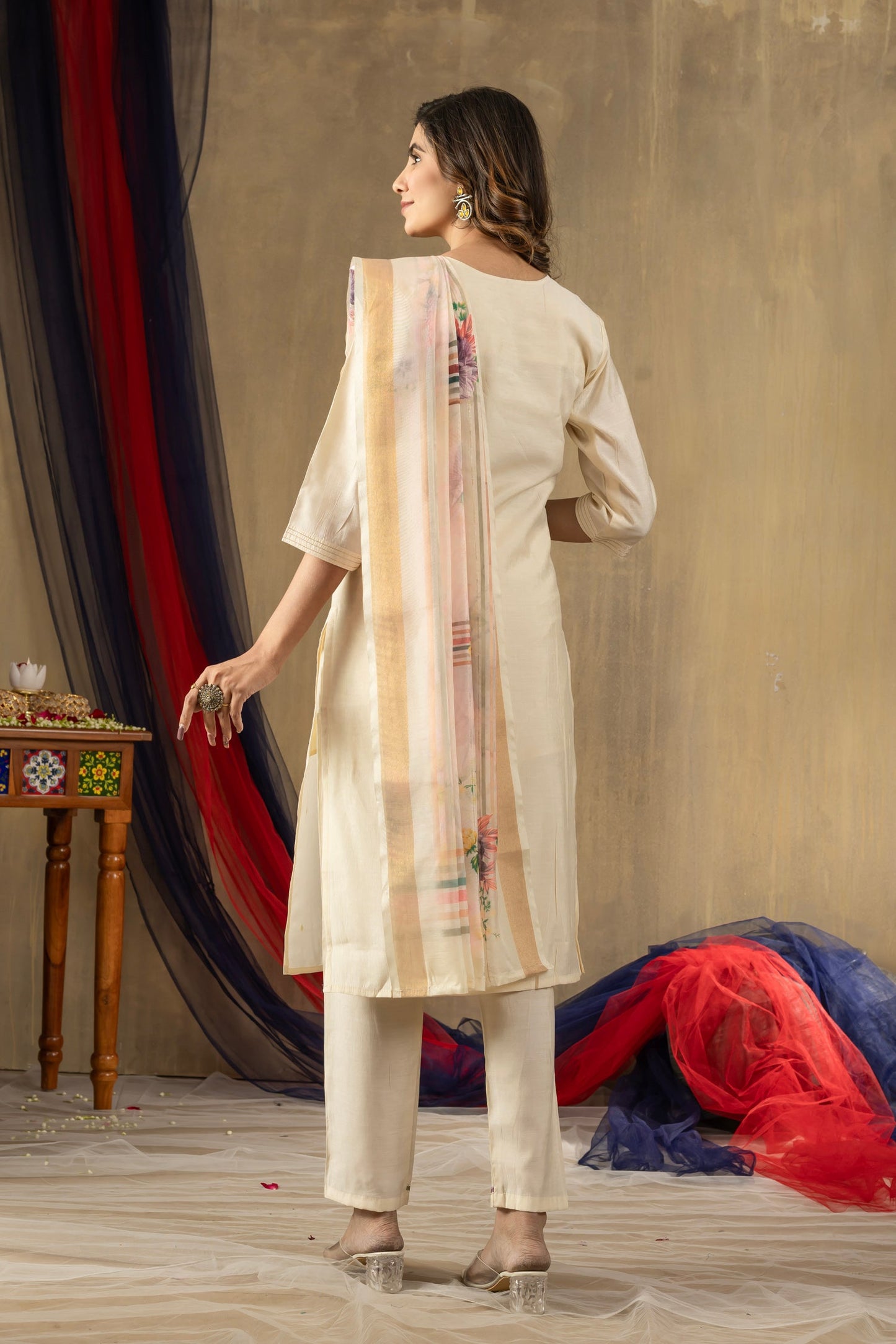 Lorenvalley Fashion Offwhite Shimmer Gold Silk Multi Embroidery Thread With Hand Work Kurta Pant Dupatta - Swadesiicart