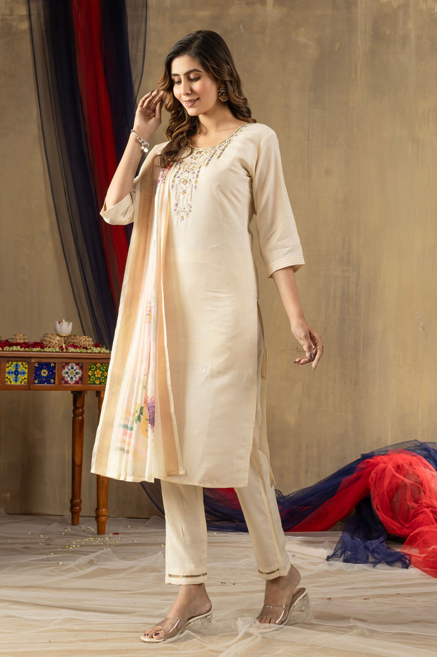 Lorenvalley Fashion Offwhite Shimmer Gold Silk Multi Embroidery Thread With Hand Work Kurta Pant Dupatta - Swadesiicart