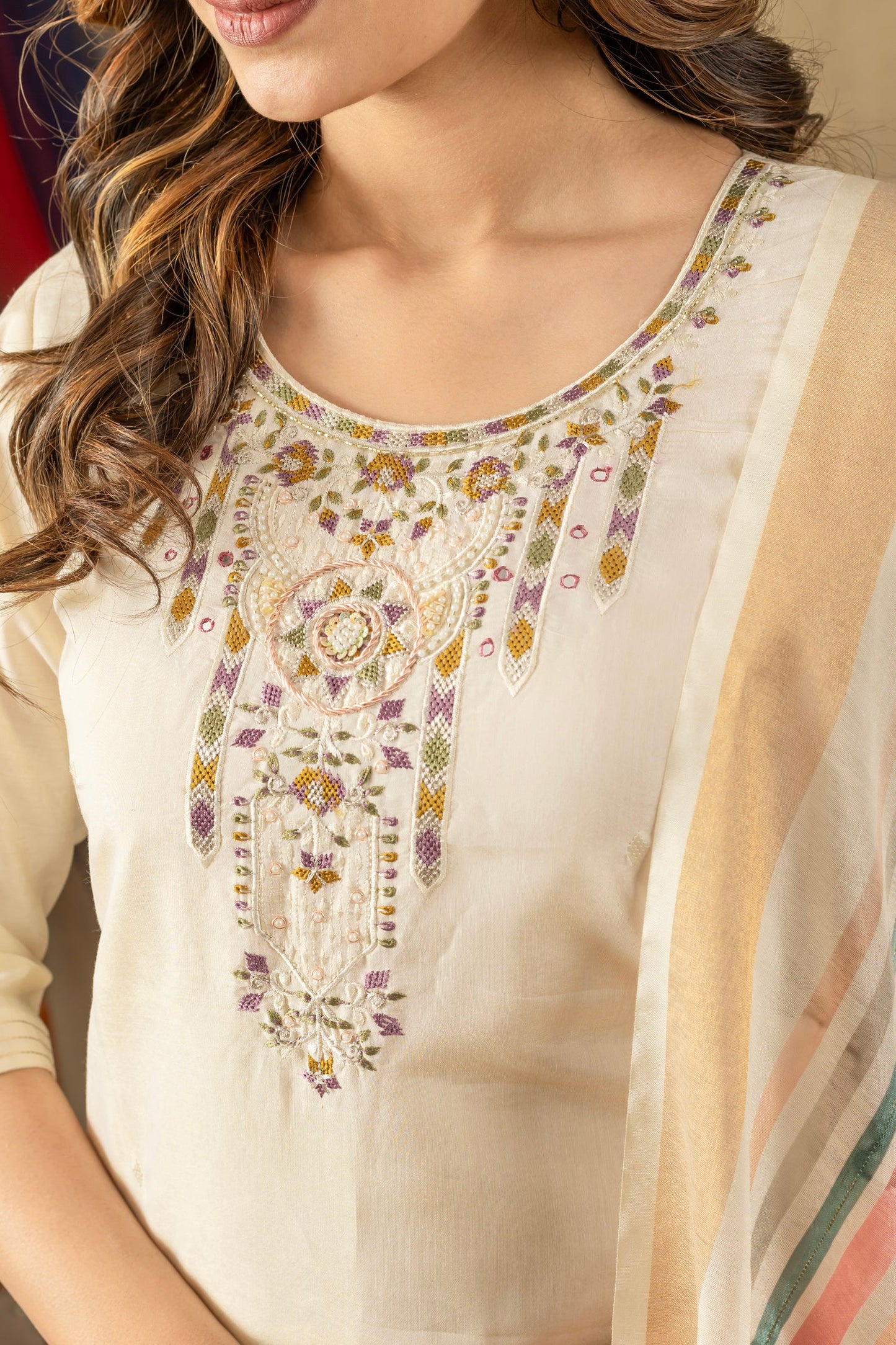 Lorenvalley Fashion Offwhite Shimmer Gold Silk Multi Embroidery Thread With Hand Work Kurta Pant Dupatta - Swadesiicart