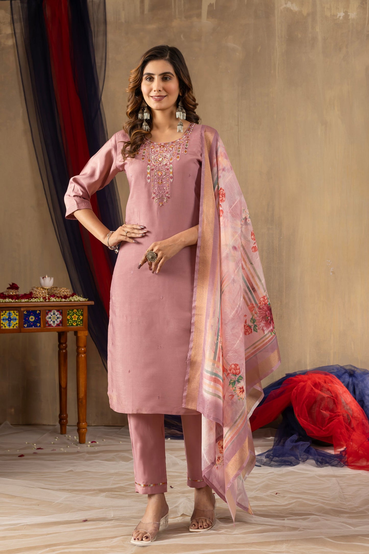 Lorenvalley Fashion Onionpink Shimmer Gold Silk Multi Embroidery Thread With Hand Work Kurta Pant Dupatta - Swadesiicart