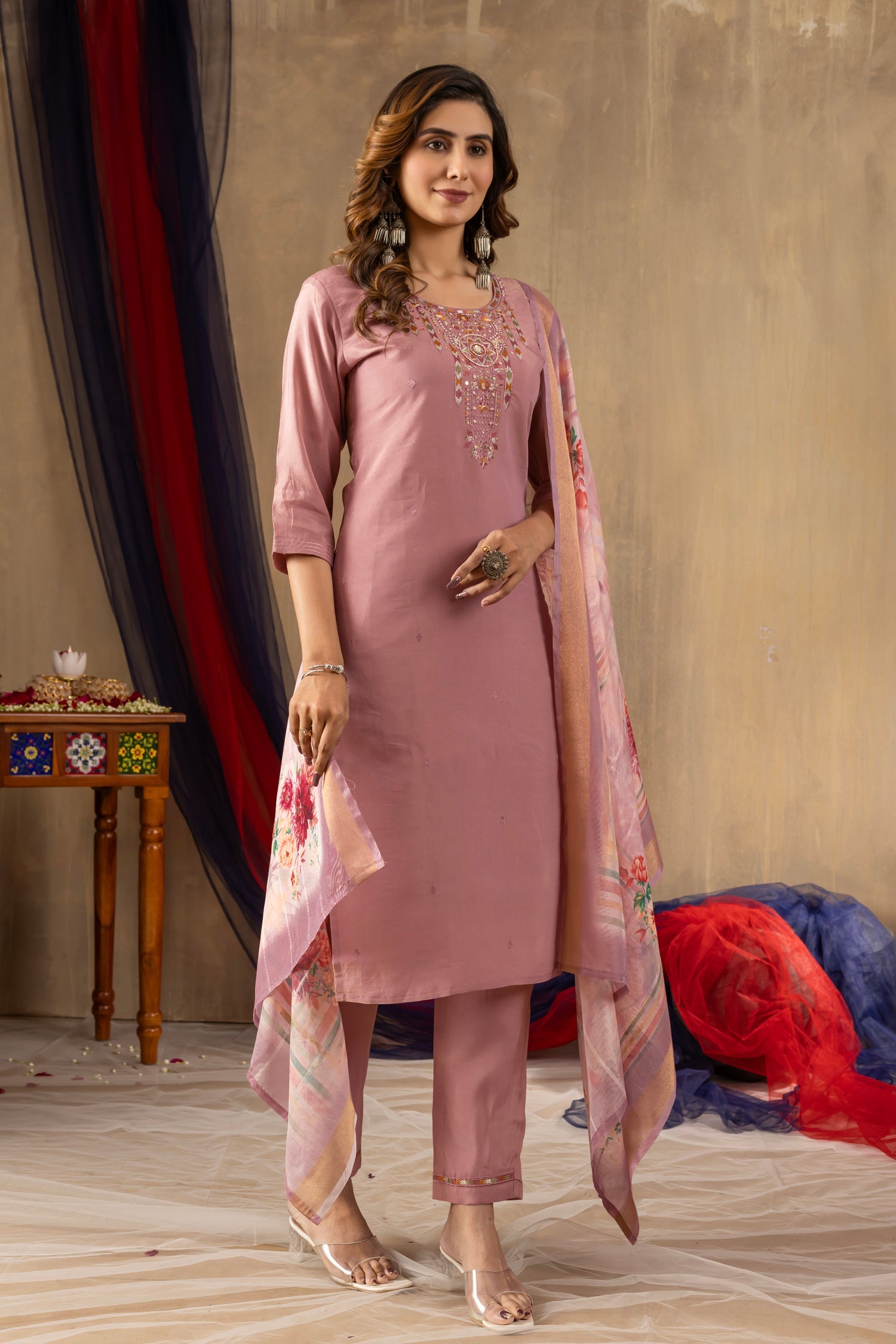 Lorenvalley Fashion Onionpink Shimmer Gold Silk Multi Embroidery Thread With Hand Work Kurta Pant Dupatta - Swadesiicart