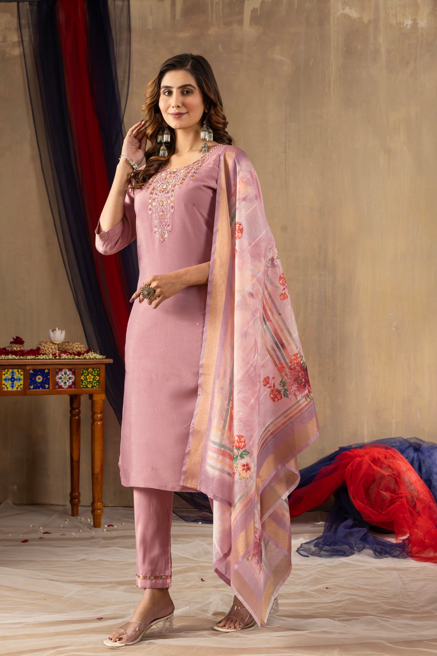 Lorenvalley Fashion Onionpink Shimmer Gold Silk Multi Embroidery Thread With Hand Work Kurta Pant Dupatta - Swadesiicart