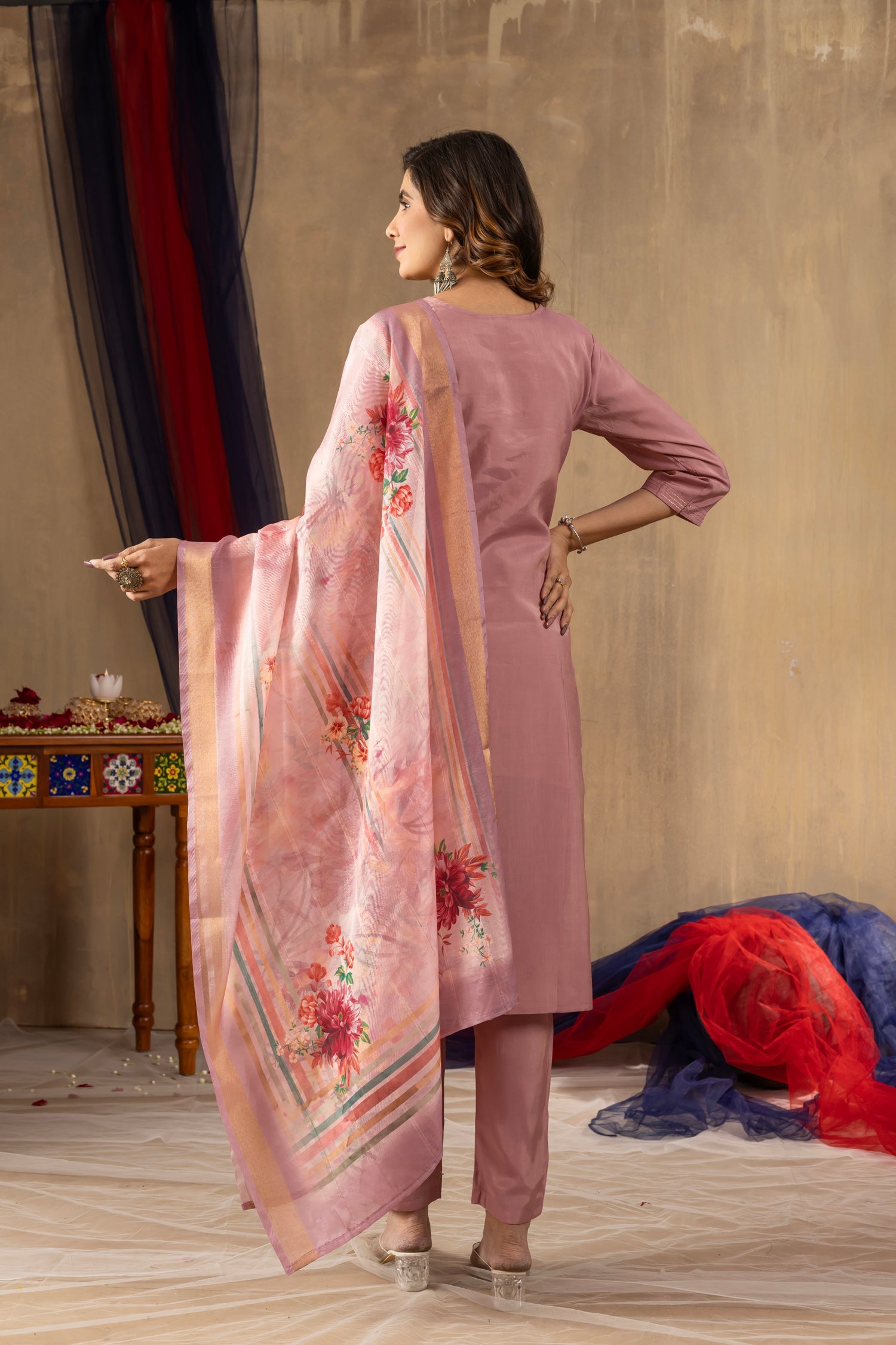 Lorenvalley Fashion Onionpink Shimmer Gold Silk Multi Embroidery Thread With Hand Work Kurta Pant Dupatta - Swadesiicart