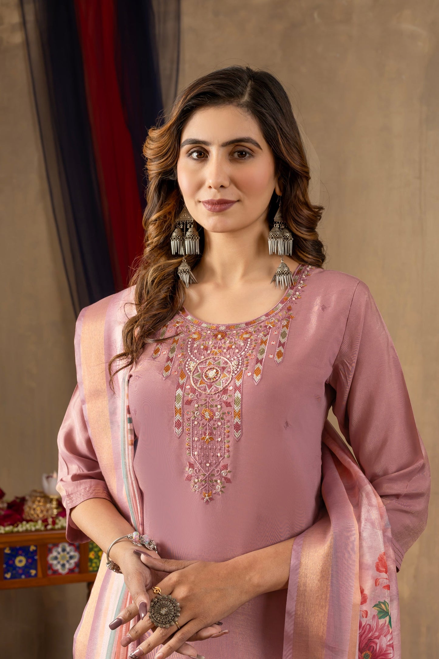 Lorenvalley Fashion Onionpink Shimmer Gold Silk Multi Embroidery Thread With Hand Work Kurta Pant Dupatta - Swadesiicart