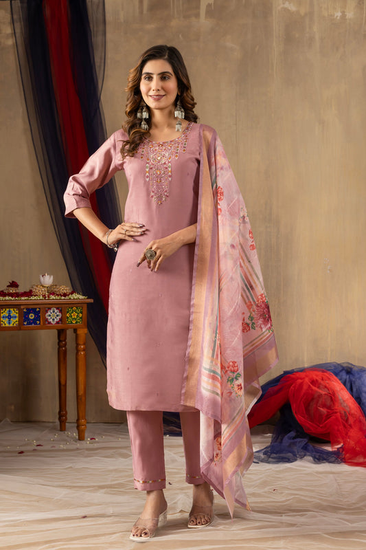 Lorenvalley Fashion Onionpink Shimmer Gold Silk Multi Embroidery Thread With Hand Work Kurta Pant Dupatta - Swadesiicart