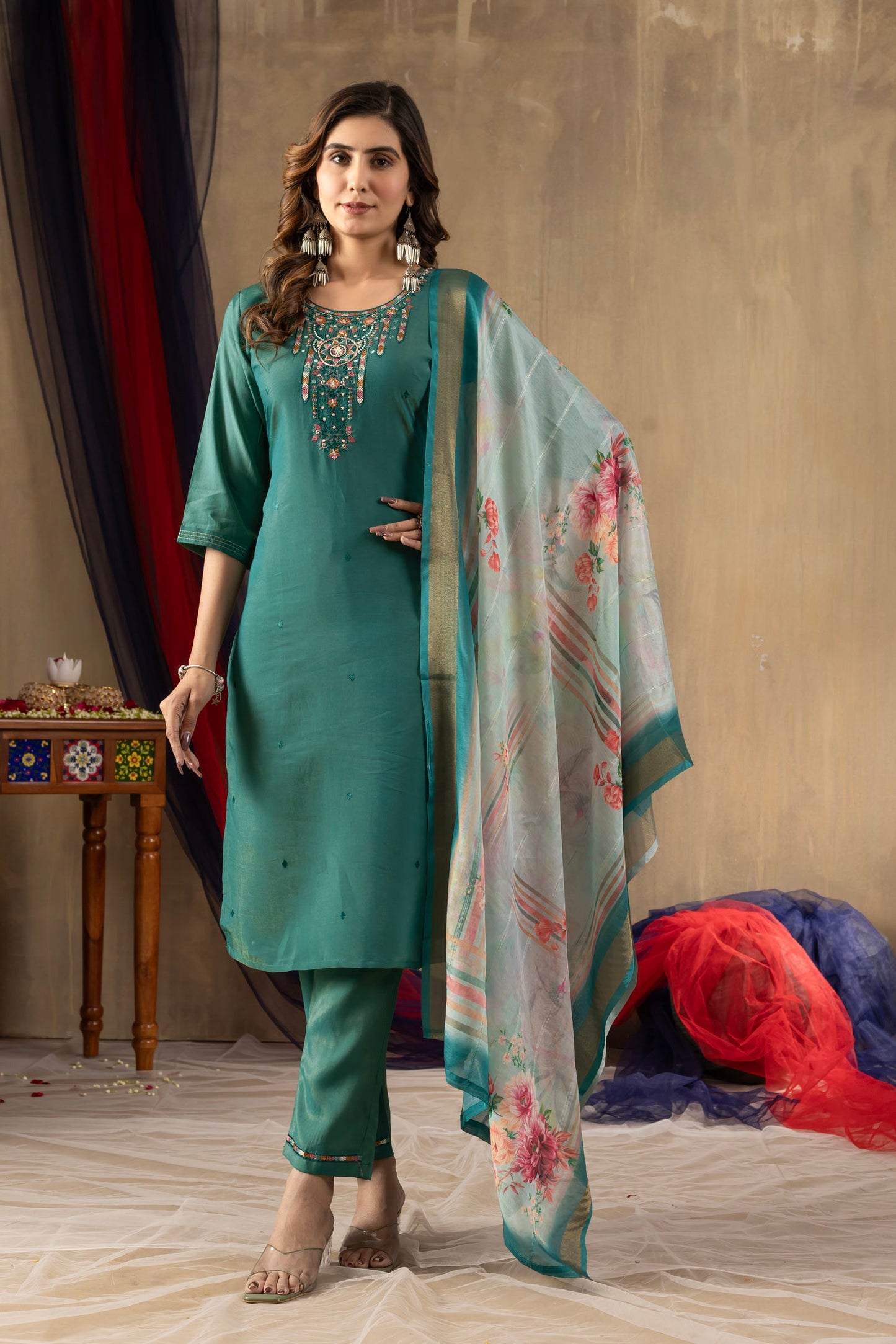 Lorenvalley Fashion Rama Shimmer Gold Silk Multi Embroidery Thread With Hand Work Kurta Pant Dupatta - Swadesiicart