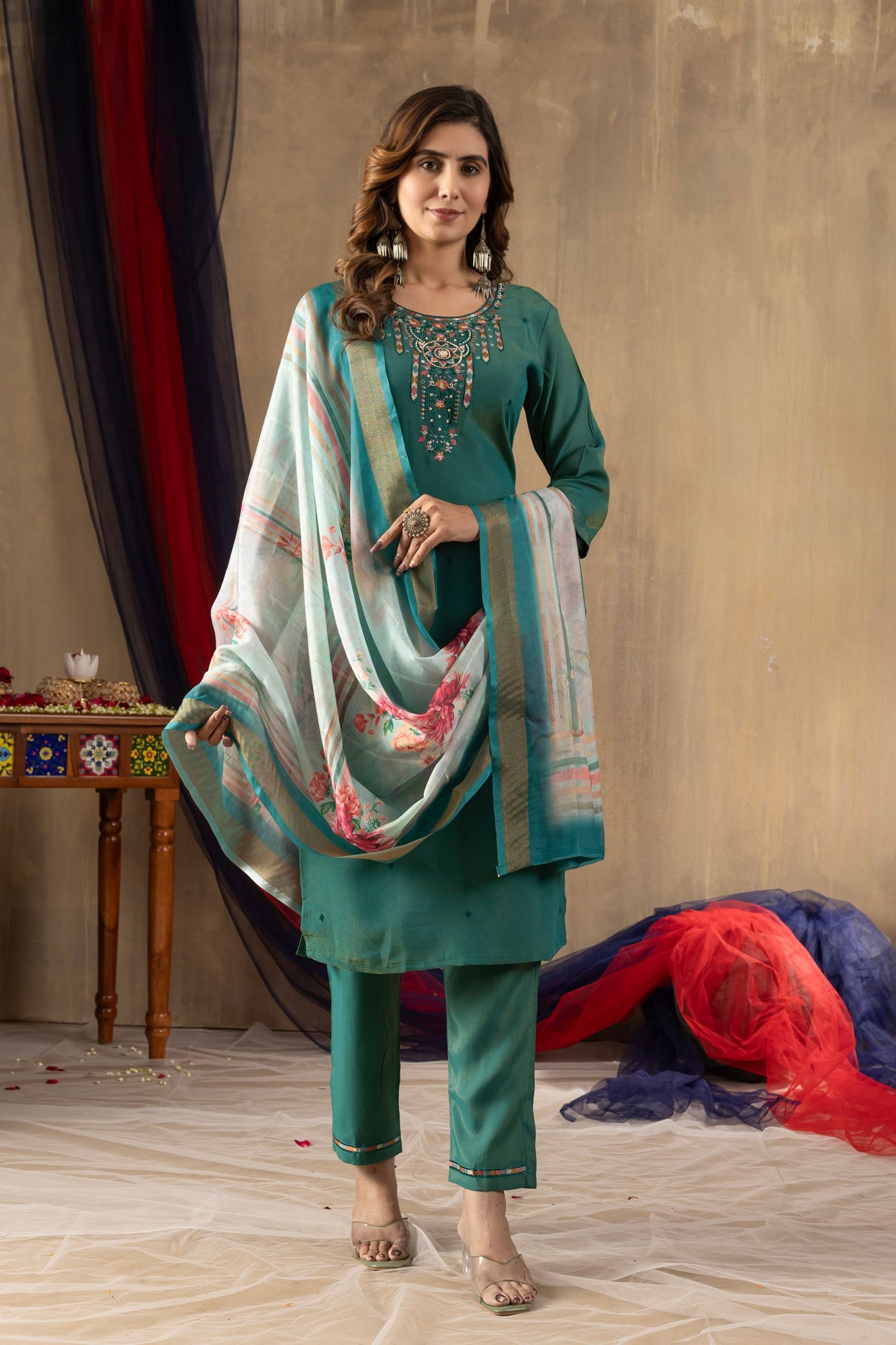 Lorenvalley Fashion Rama Shimmer Gold Silk Multi Embroidery Thread With Hand Work Kurta Pant Dupatta - Swadesiicart