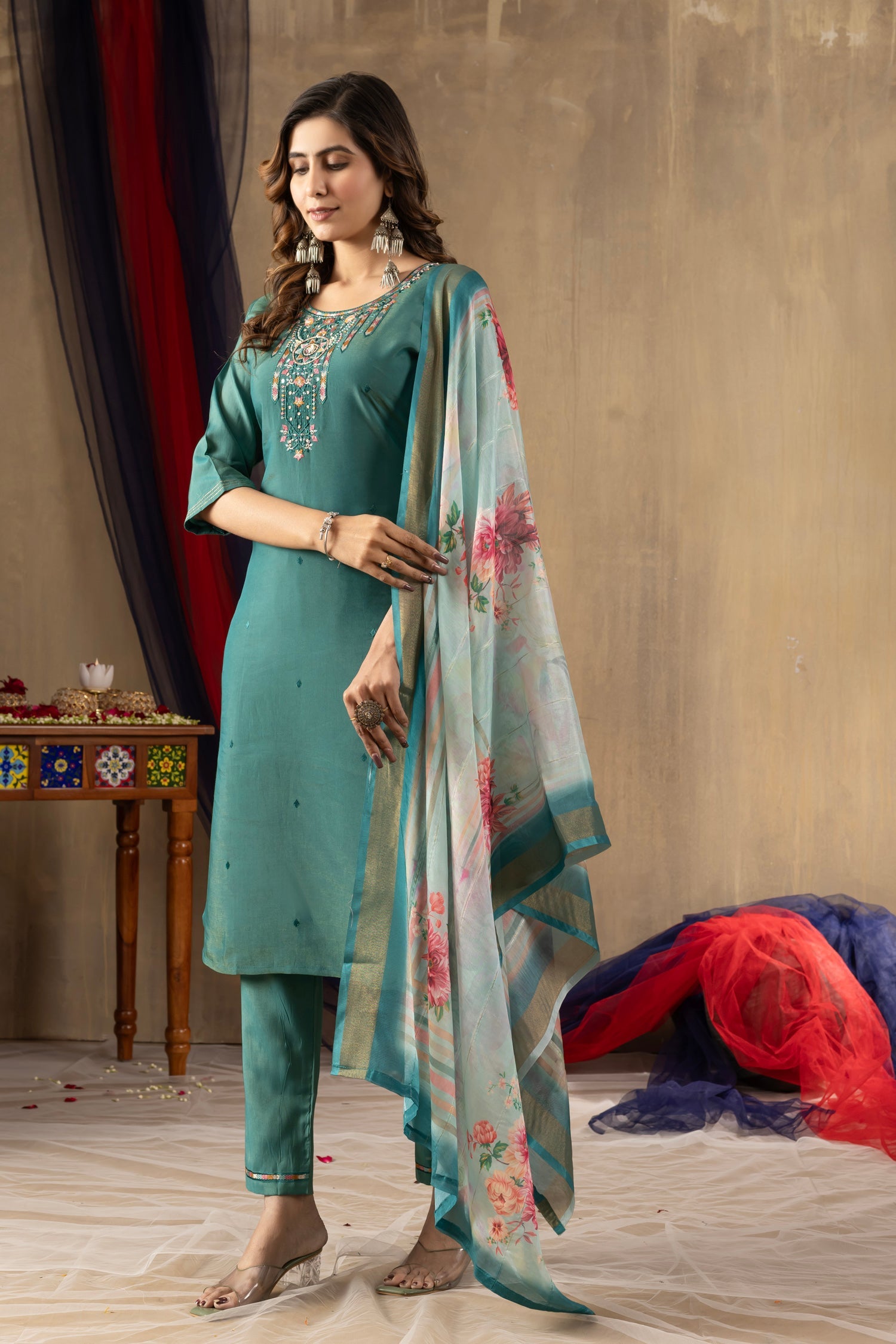 Lorenvalley Fashion Rama Shimmer Gold Silk Multi Embroidery Thread With Hand Work Kurta Pant Dupatta - Swadesiicart