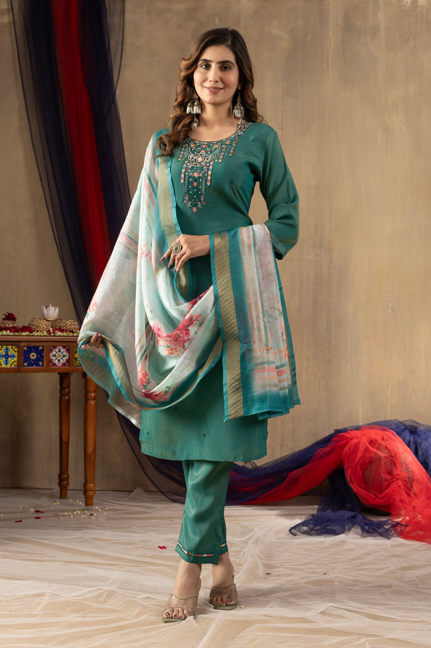 Lorenvalley Fashion Rama Shimmer Gold Silk Multi Embroidery Thread With Hand Work Kurta Pant Dupatta - Swadesiicart