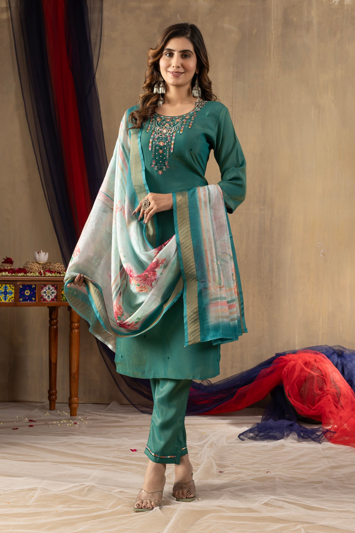 Lorenvalley Fashion Rama Shimmer Gold Silk Multi Embroidery Thread With Hand Work Kurta Pant Dupatta - Swadesiicart