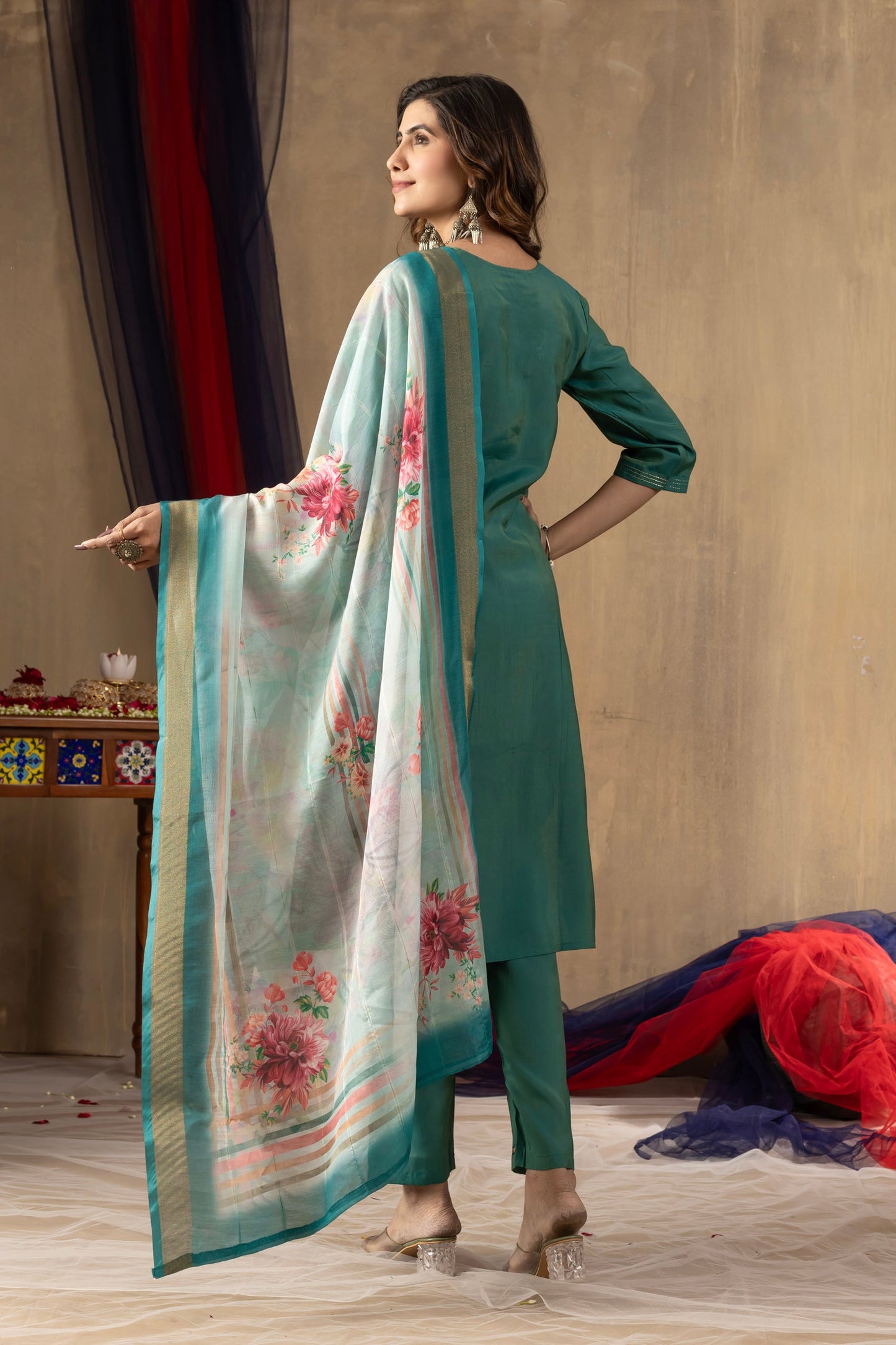 Lorenvalley Fashion Rama Shimmer Gold Silk Multi Embroidery Thread With Hand Work Kurta Pant Dupatta - Swadesiicart