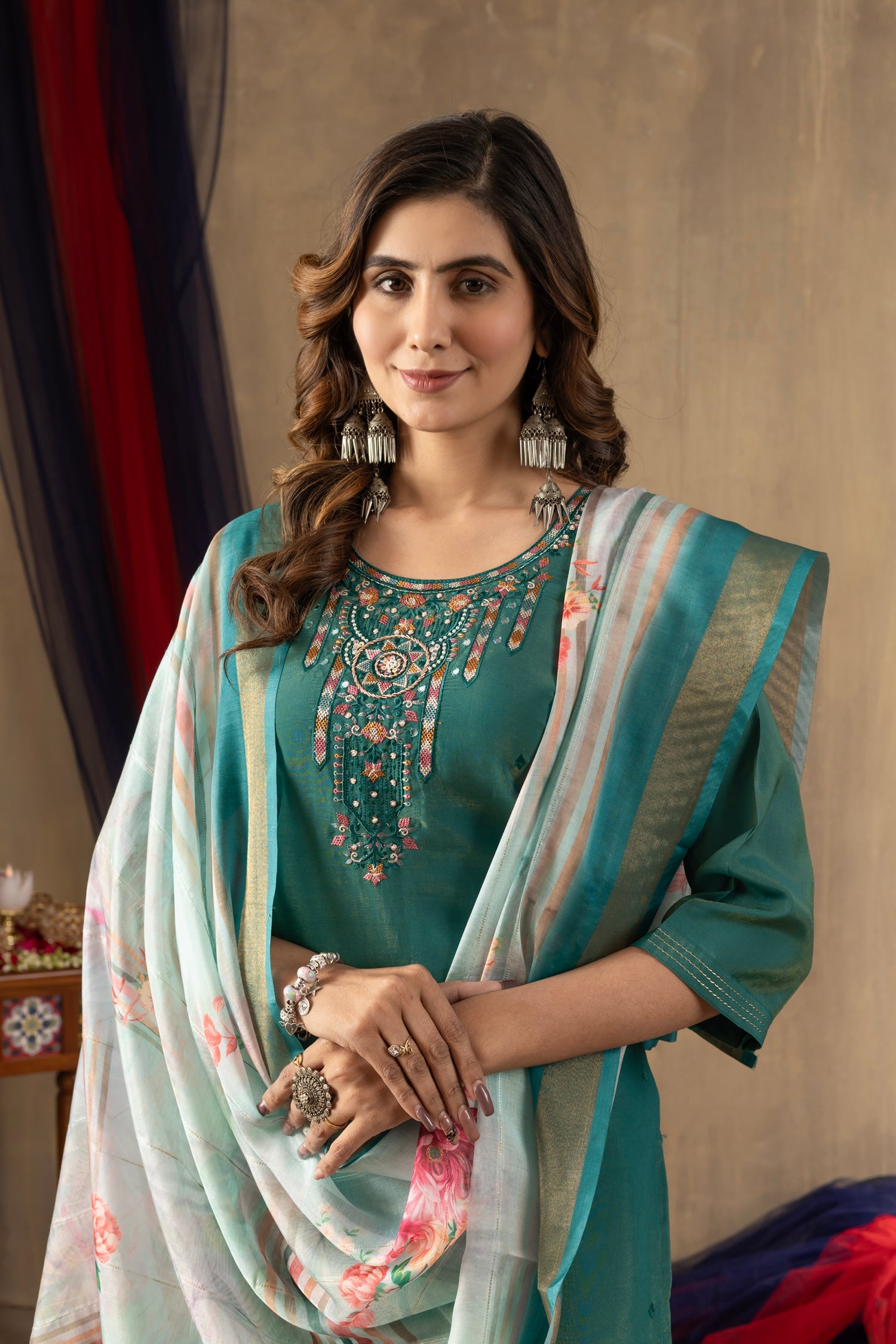 Lorenvalley Fashion Rama Shimmer Gold Silk Multi Embroidery Thread With Hand Work Kurta Pant Dupatta - Swadesiicart