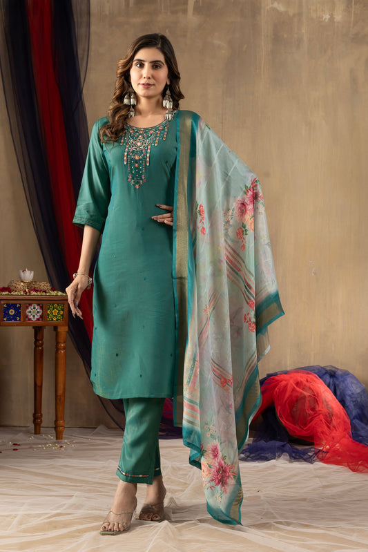 Lorenvalley Fashion Rama Shimmer Gold Silk Multi Embroidery Thread With Hand Work Kurta Pant Dupatta - Swadesiicart