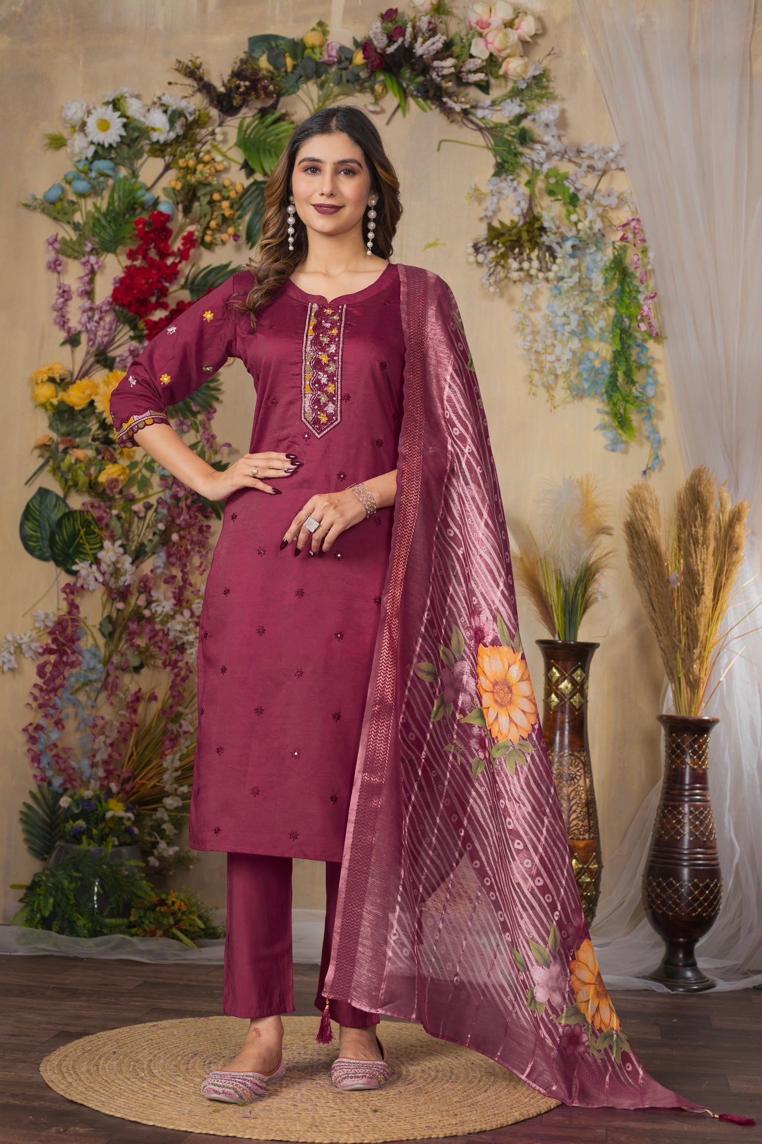 Lorenvalley Fashion Cerise Roman Silk Multi Embroidery Thread With Hand Work Kurta Pant Dupatta - Swadesiicart