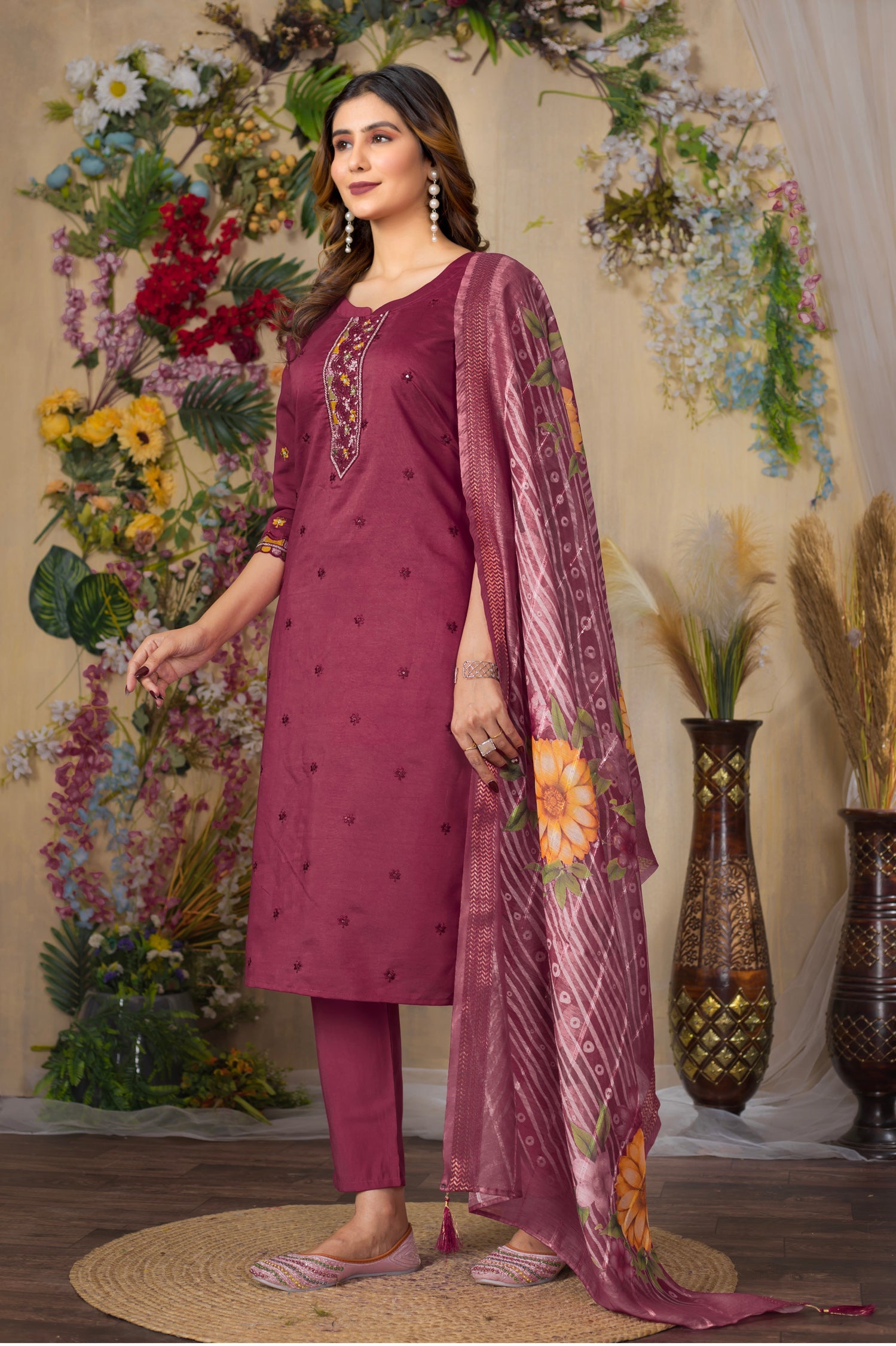 Lorenvalley Fashion Cerise Roman Silk Multi Embroidery Thread With Hand Work Kurta Pant Dupatta - Swadesiicart