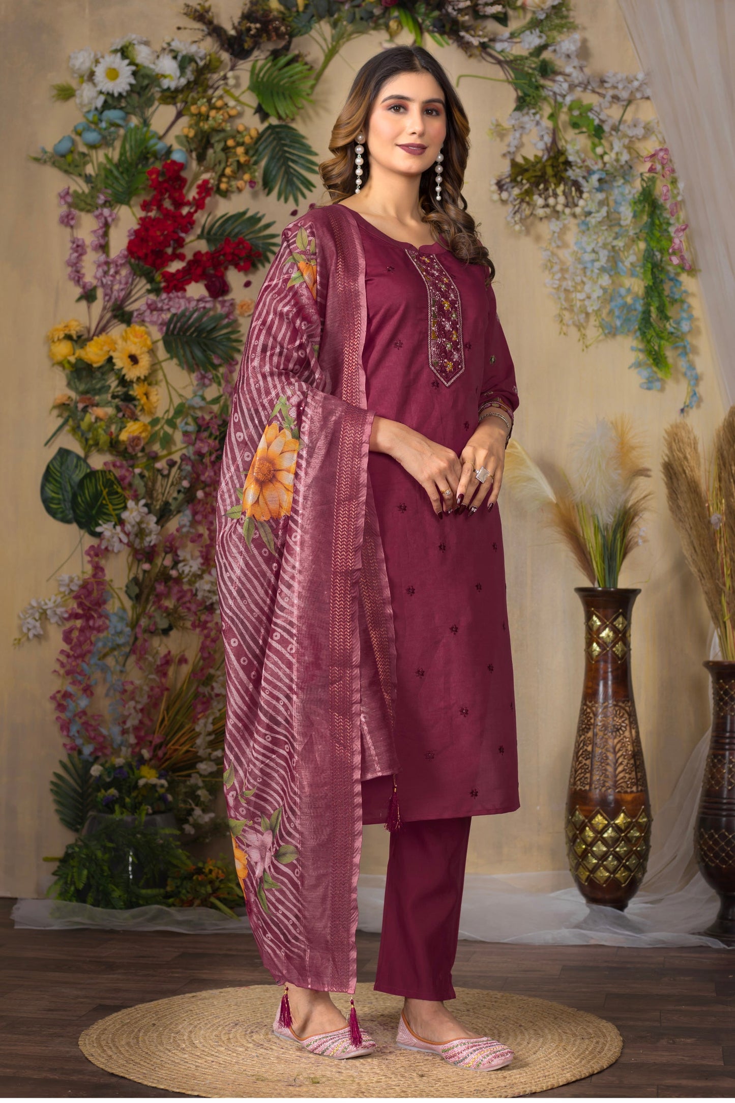 Lorenvalley Fashion Cerise Roman Silk Multi Embroidery Thread With Hand Work Kurta Pant Dupatta - Swadesiicart