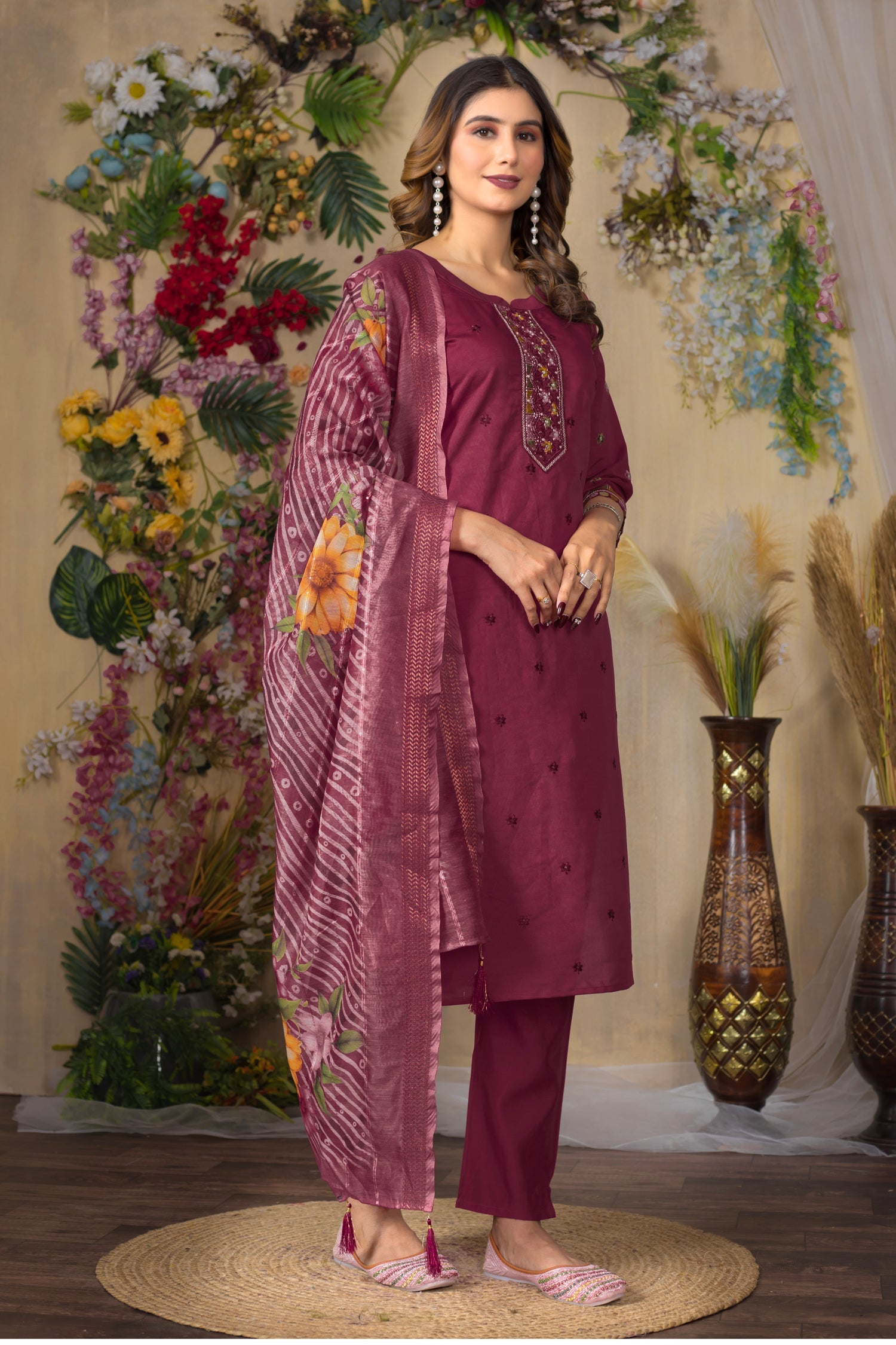 Lorenvalley Fashion Cerise Roman Silk Multi Embroidery Thread With Hand Work Kurta Pant Dupatta - Swadesiicart