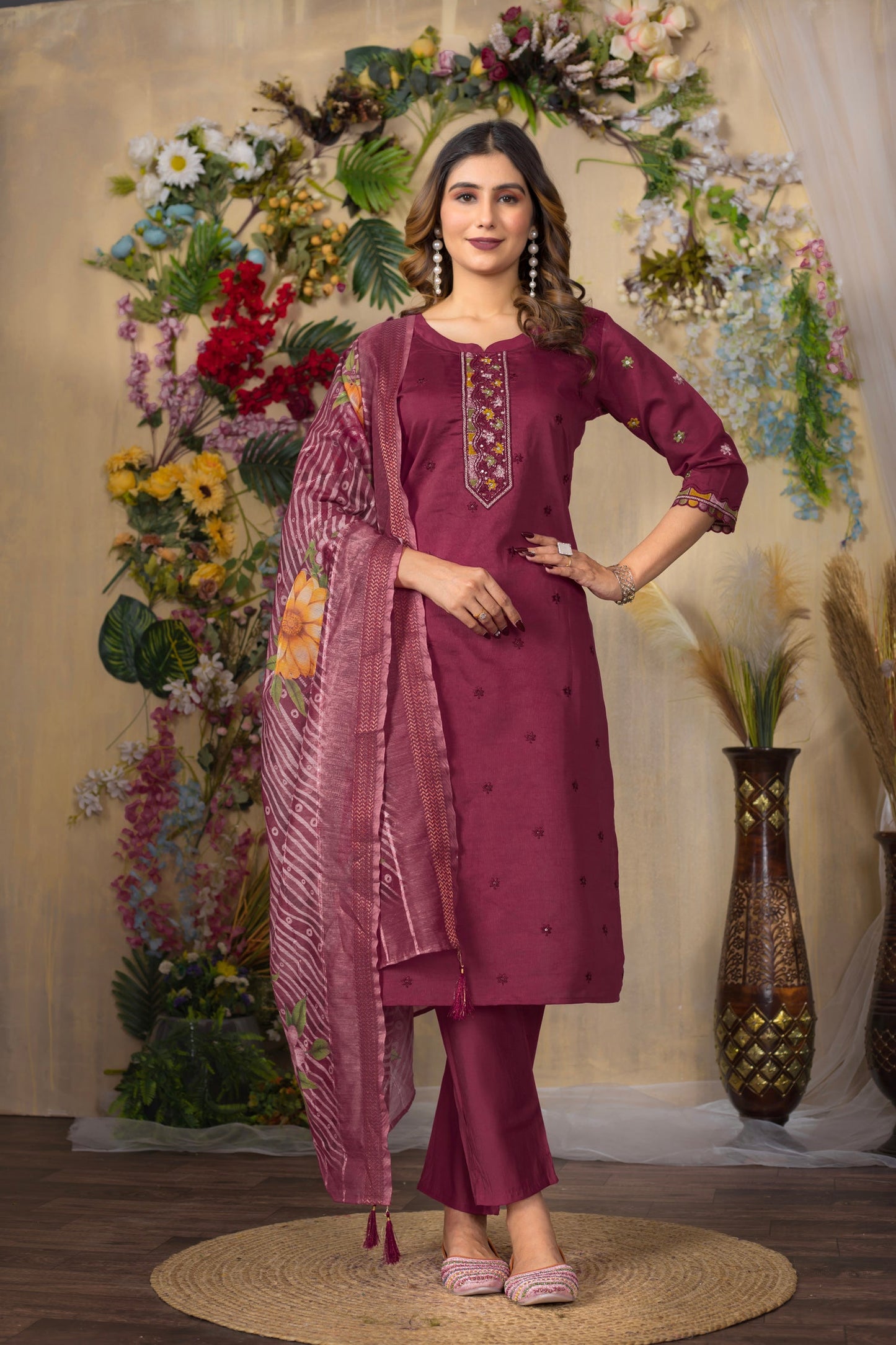 Lorenvalley Fashion Cerise Roman Silk Multi Embroidery Thread With Hand Work Kurta Pant Dupatta - Swadesiicart