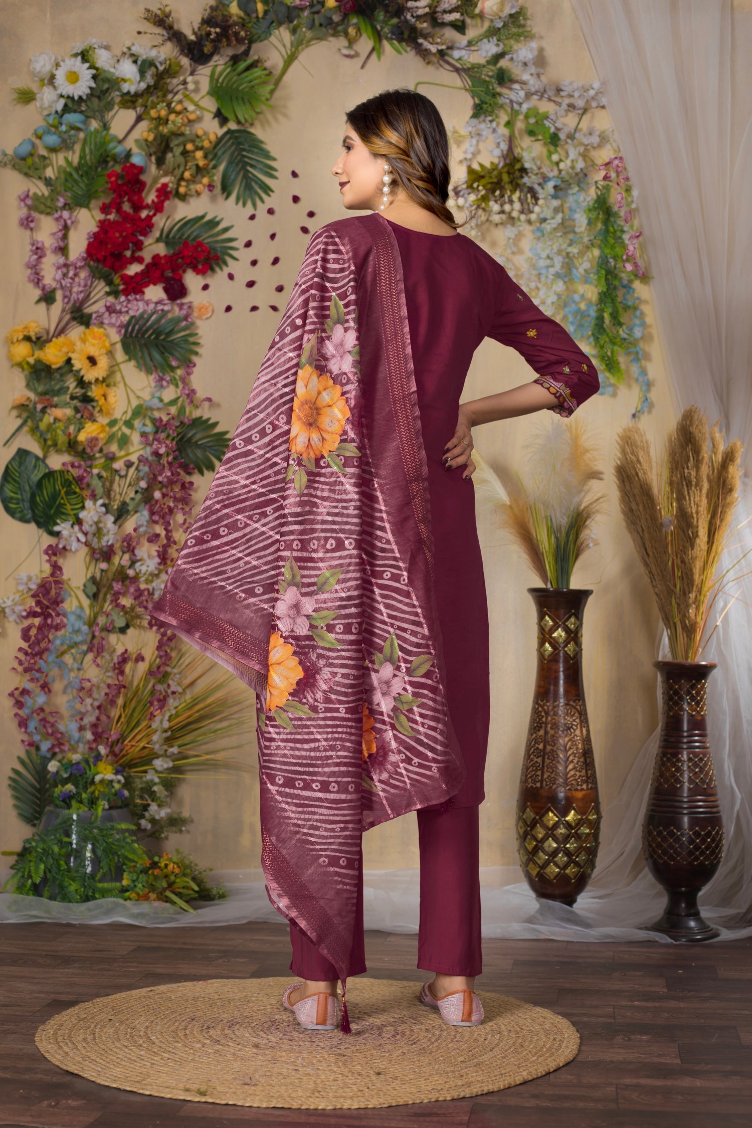 Lorenvalley Fashion Cerise Roman Silk Multi Embroidery Thread With Hand Work Kurta Pant Dupatta - Swadesiicart
