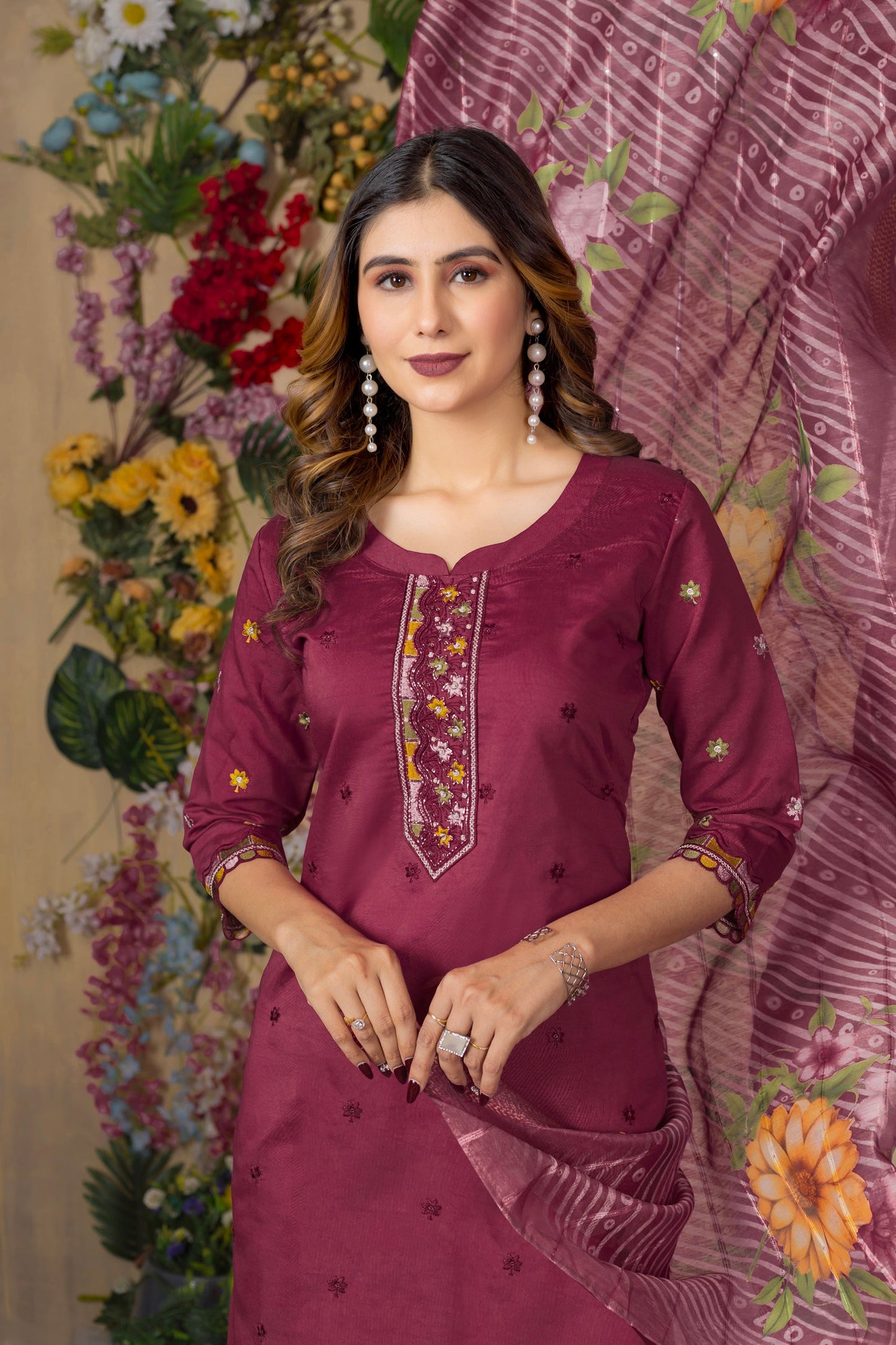 Lorenvalley Fashion Cerise Roman Silk Multi Embroidery Thread With Hand Work Kurta Pant Dupatta - Swadesiicart