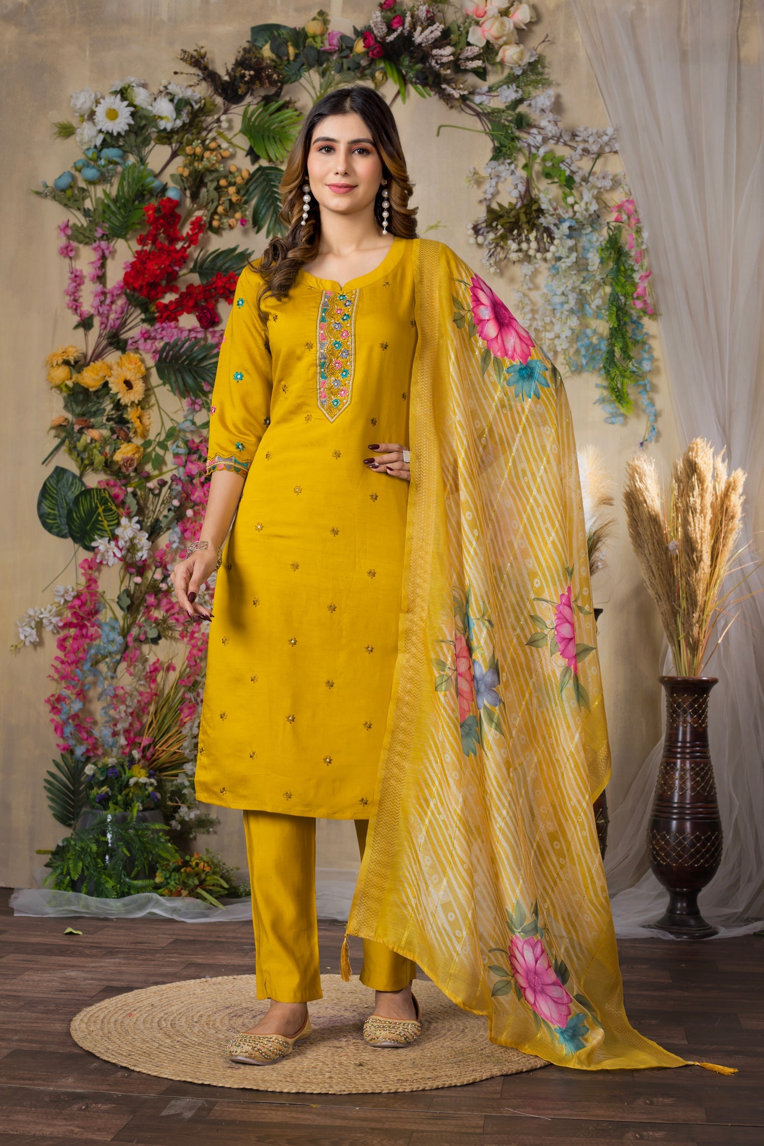 Lorenvalley Fashion Mustrad Roman Silk Multi Embroidery Thread With Hand Work Kurta Pant Dupatta | Swadesiicart