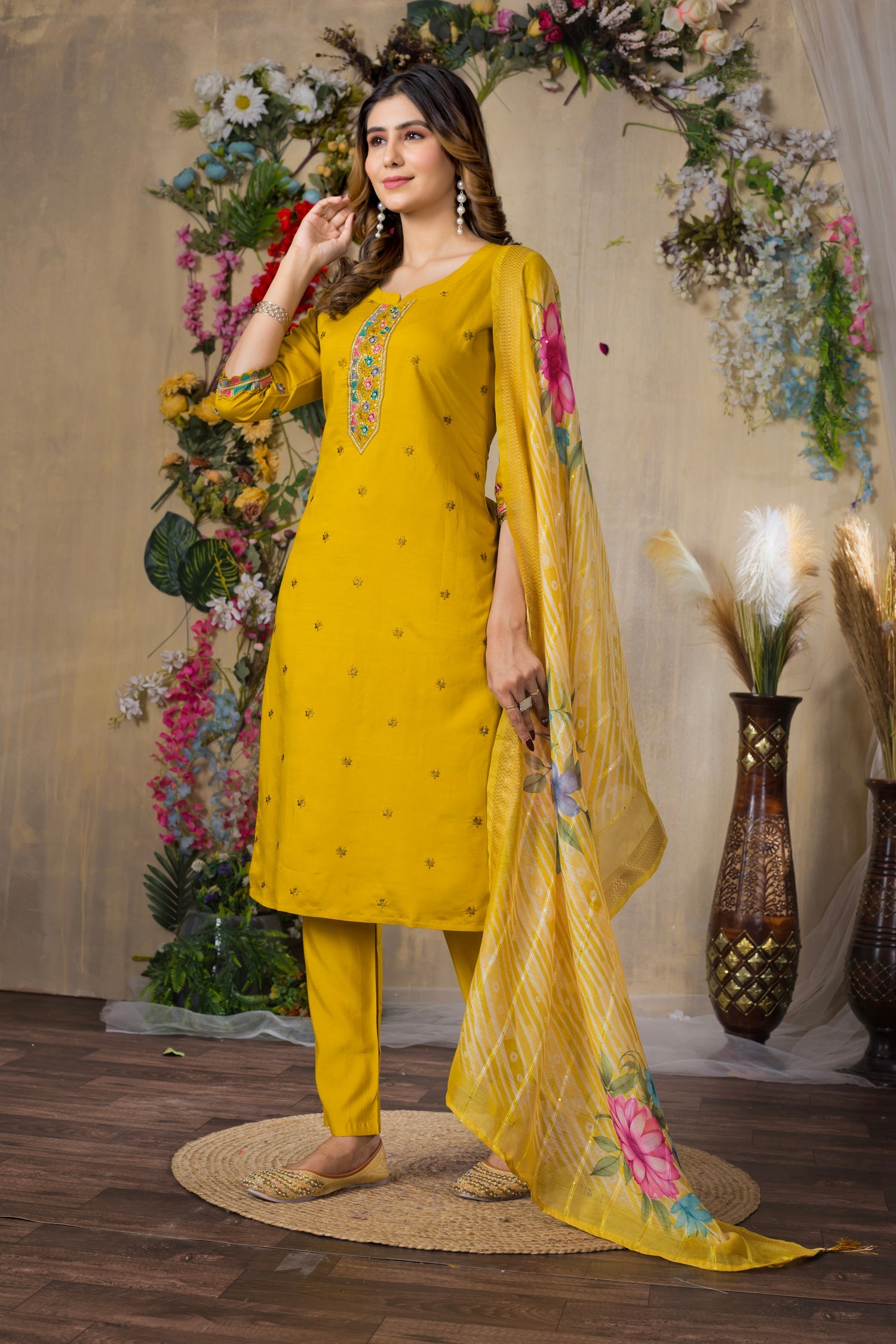 Lorenvalley Fashion Mustrad Roman Silk Multi Embroidery Thread With Hand Work Kurta Pant Dupatta | Swadesiicart