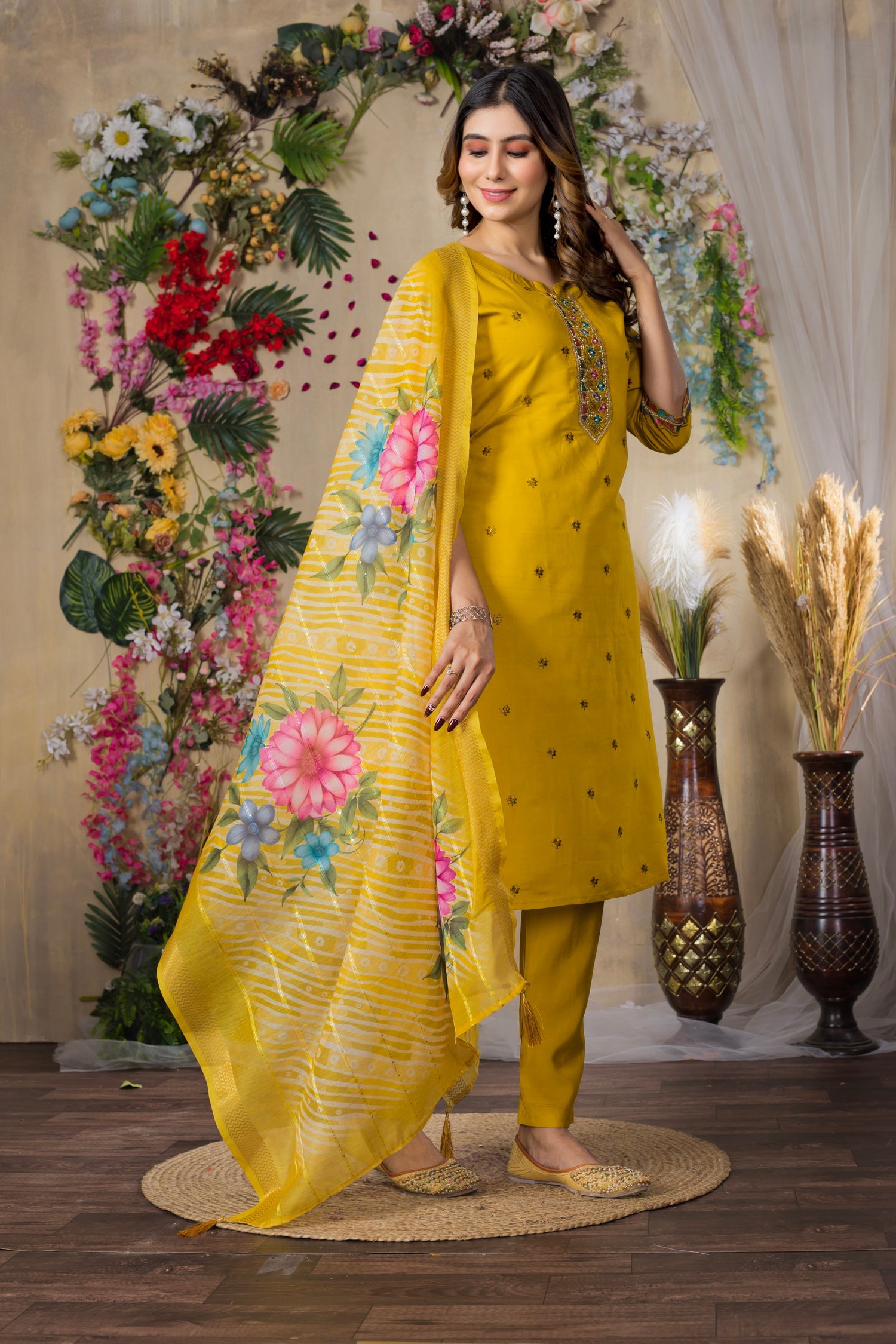 Lorenvalley Fashion Mustrad Roman Silk Multi Embroidery Thread With Hand Work Kurta Pant Dupatta | Swadesiicart