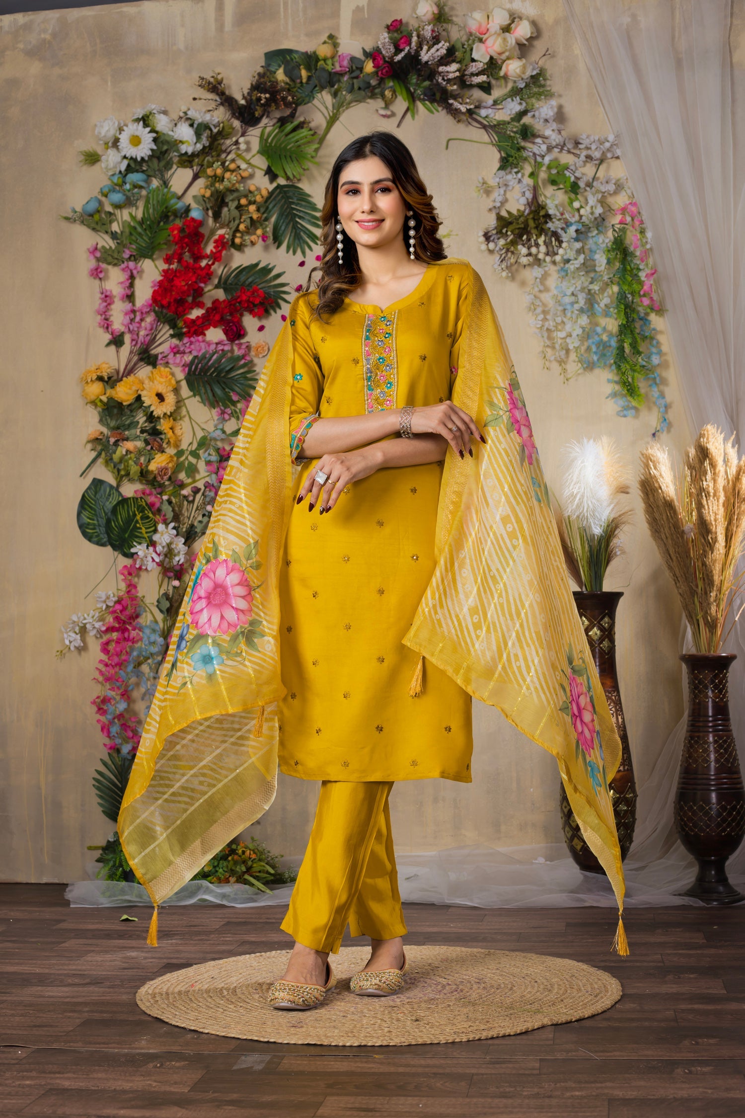 Lorenvalley Fashion Mustrad Roman Silk Multi Embroidery Thread With Hand Work Kurta Pant Dupatta | Swadesiicart