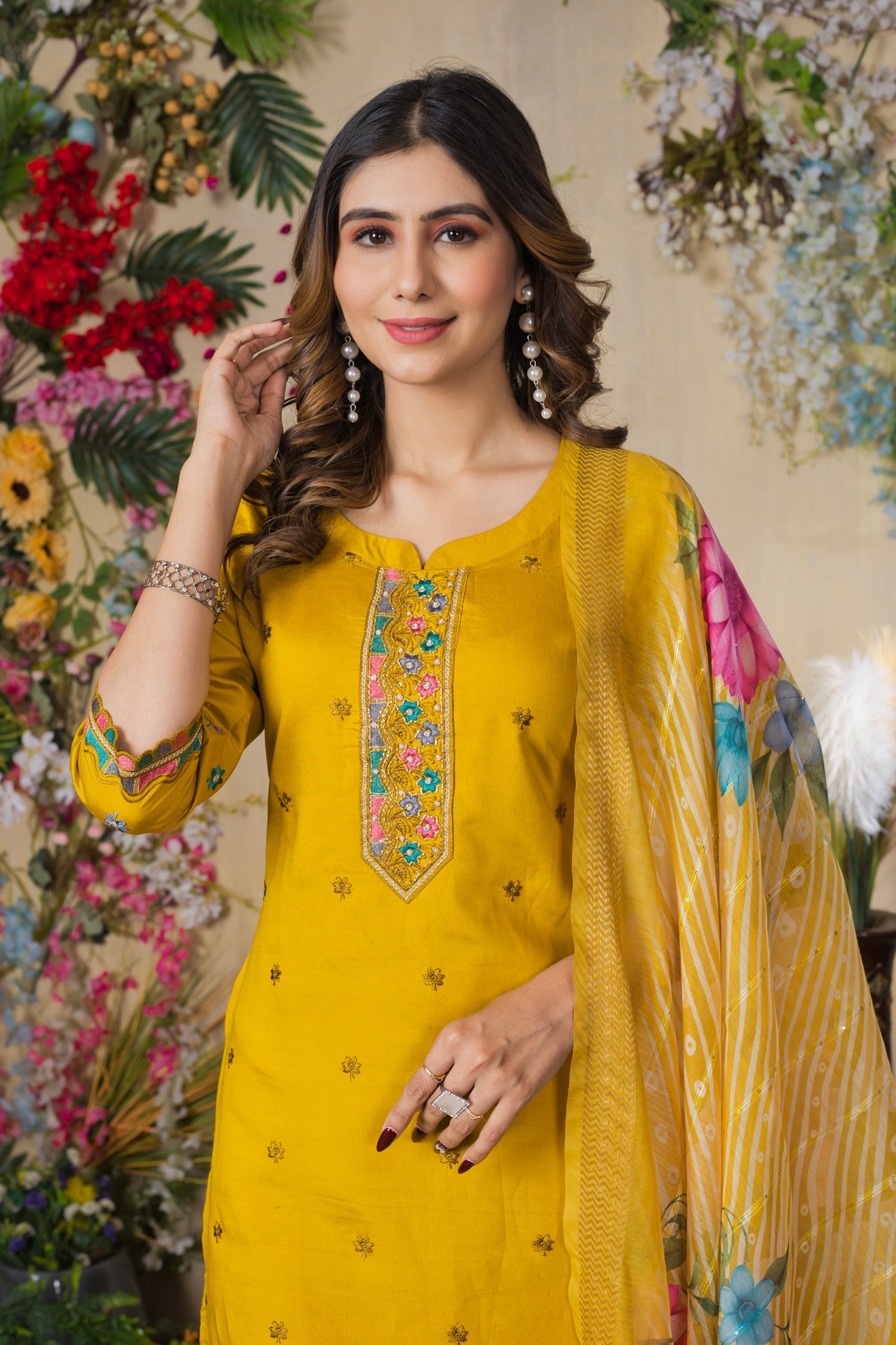Lorenvalley Fashion Mustrad Roman Silk Multi Embroidery Thread With Hand Work Kurta Pant Dupatta | Swadesiicart