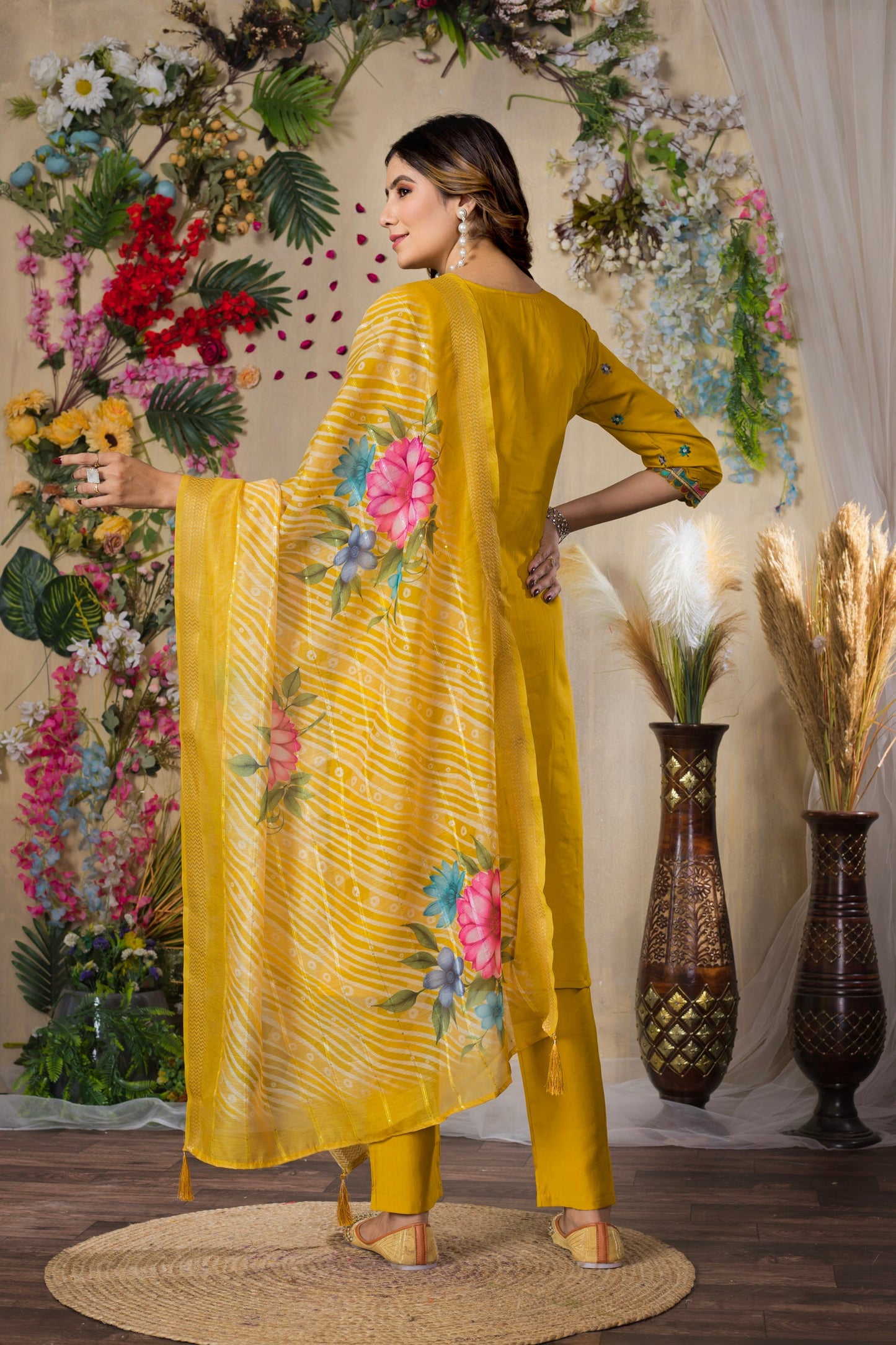 Lorenvalley Fashion Mustrad Roman Silk Multi Embroidery Thread With Hand Work Kurta Pant Dupatta | Swadesiicart