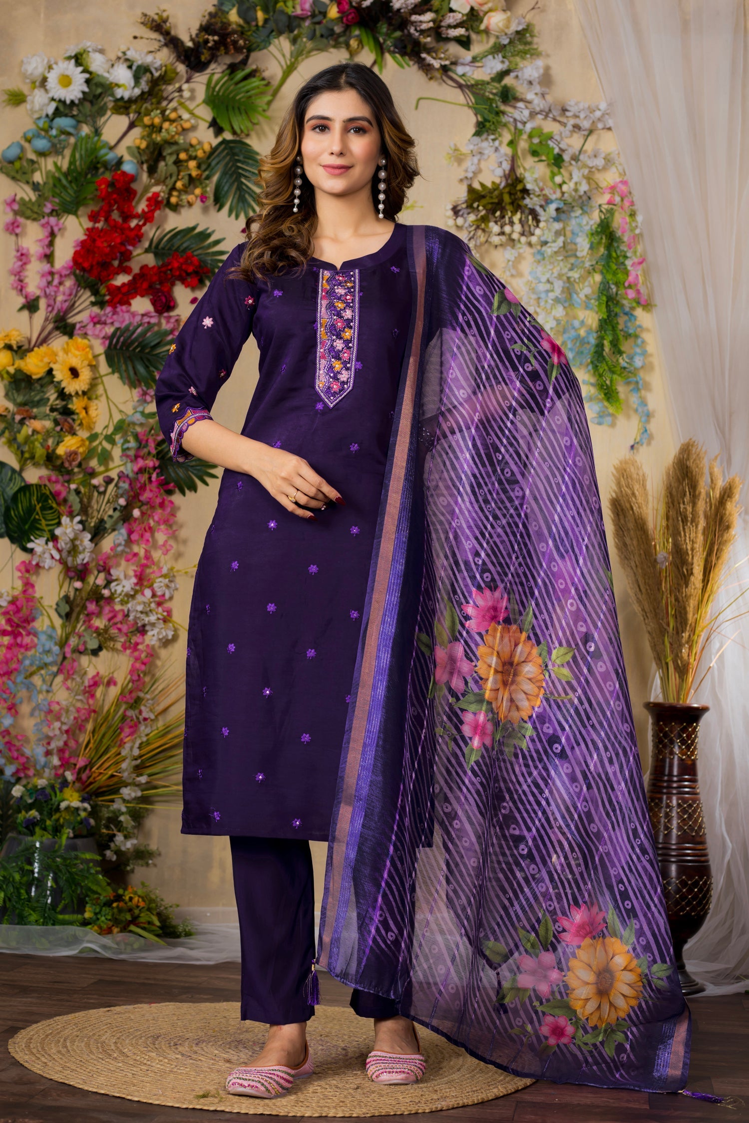 Lorenvalley Fashion Purple Roman Silk Multi Embroidery Thread With Hand Work Kurta Pant Dupatta - Swadesiicart