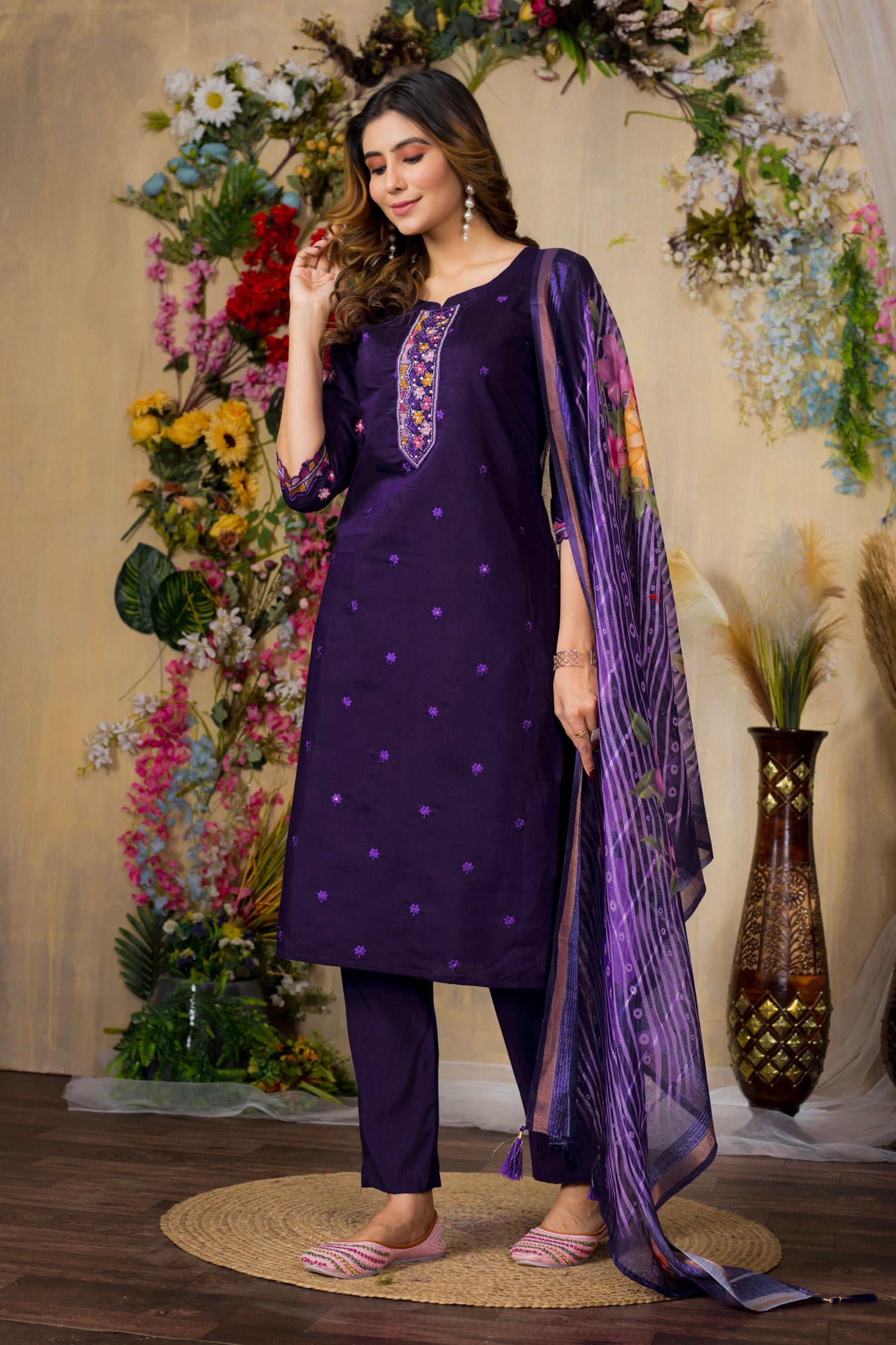 Lorenvalley Fashion Purple Roman Silk Multi Embroidery Thread With Hand Work Kurta Pant Dupatta - Swadesiicart
