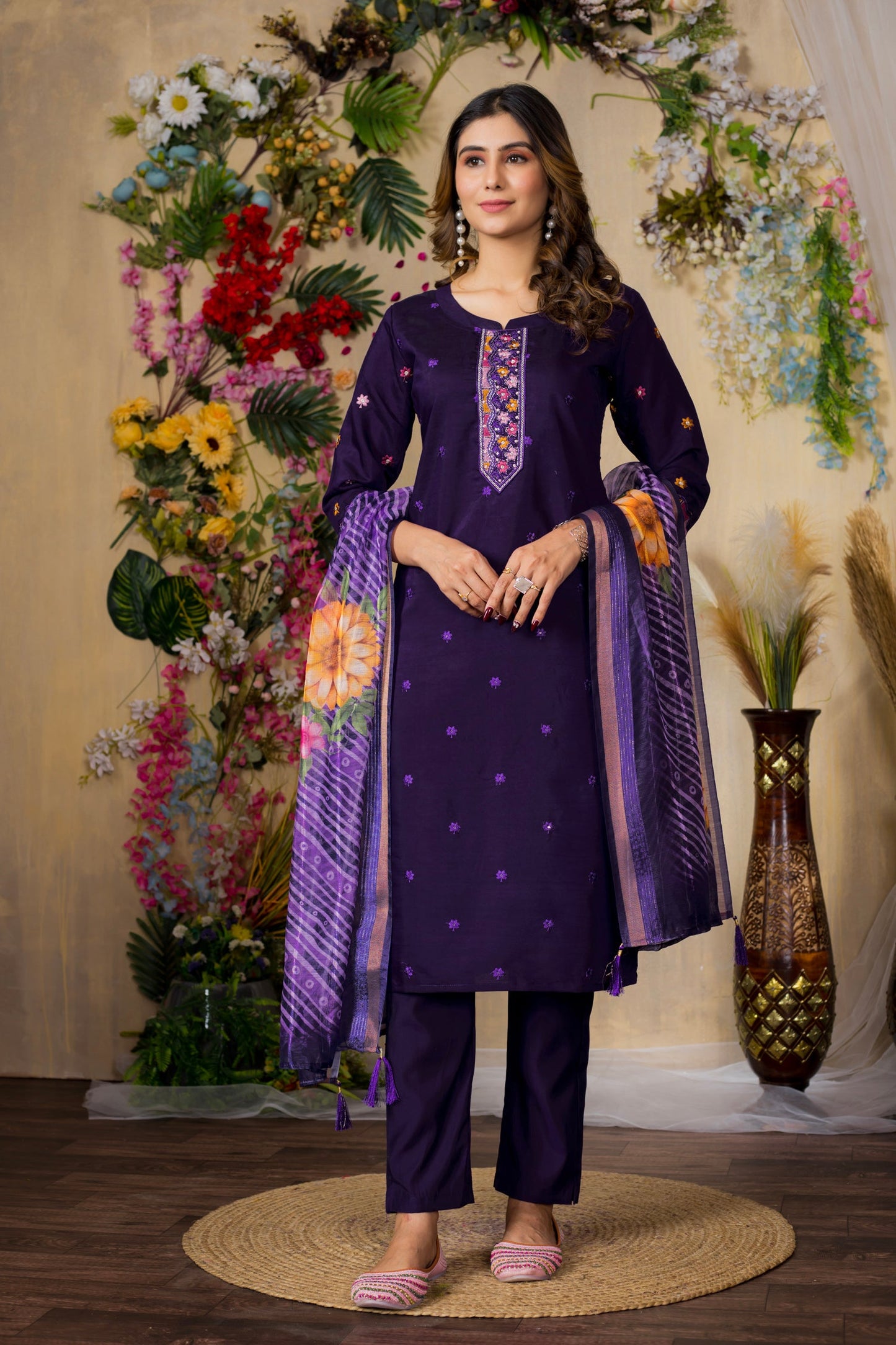 Lorenvalley Fashion Purple Roman Silk Multi Embroidery Thread With Hand Work Kurta Pant Dupatta - Swadesiicart