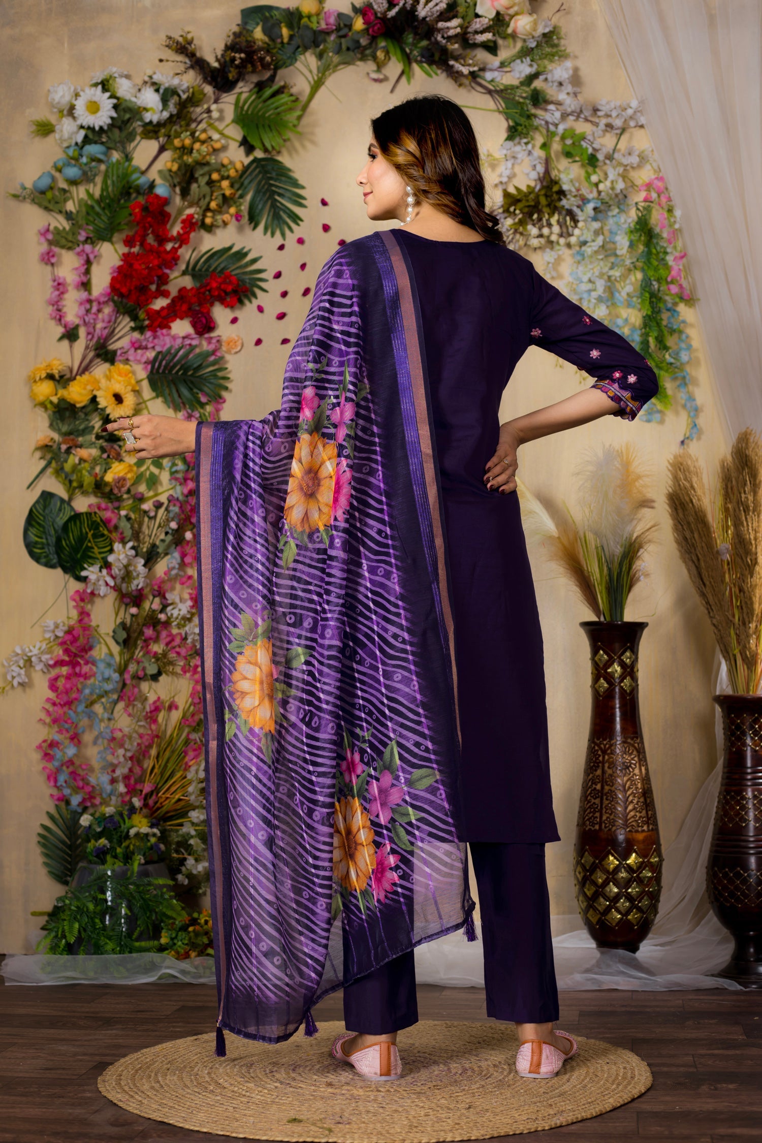 Lorenvalley Fashion Purple Roman Silk Multi Embroidery Thread With Hand Work Kurta Pant Dupatta - Swadesiicart
