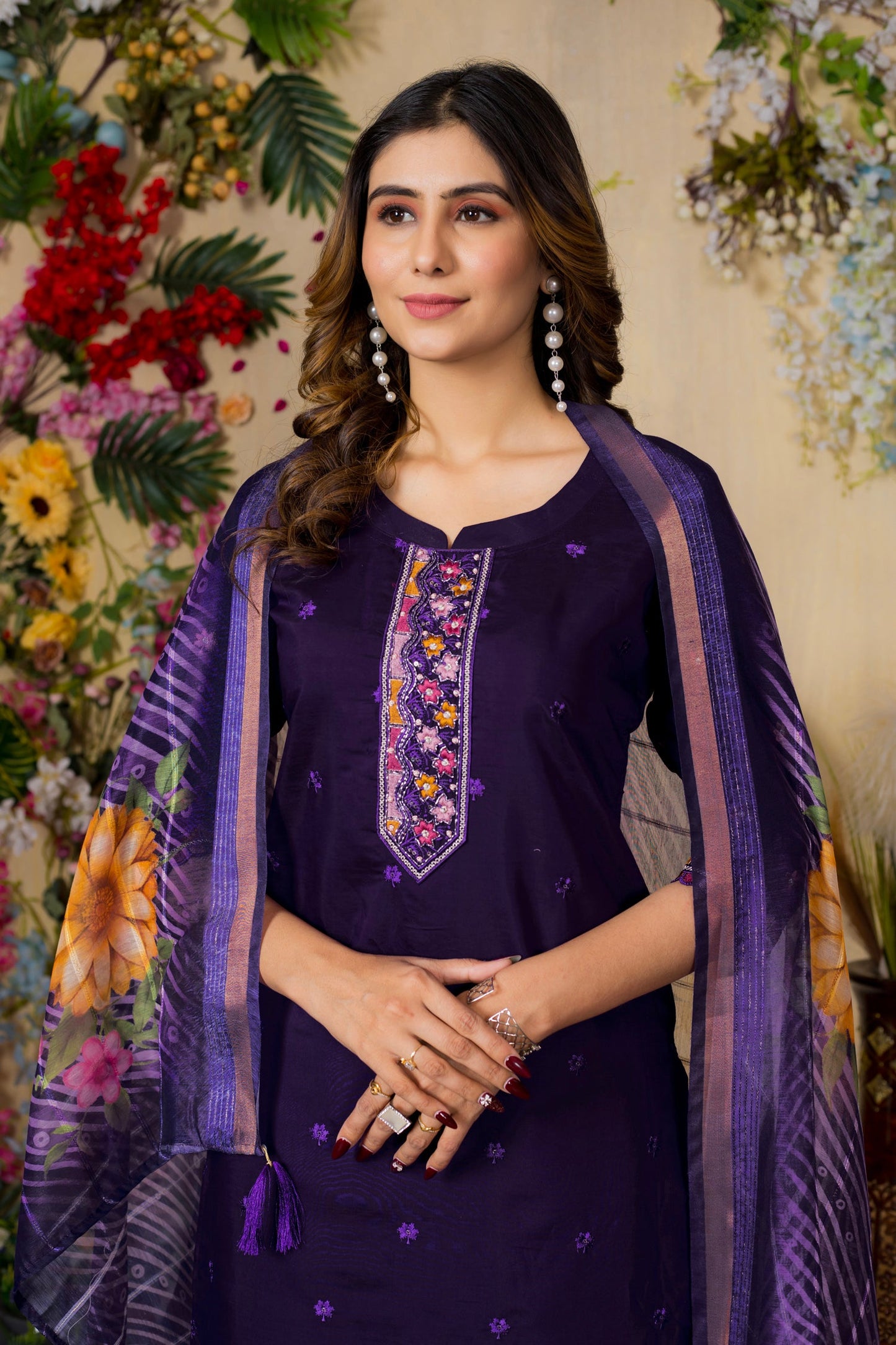 Lorenvalley Fashion Purple Roman Silk Multi Embroidery Thread With Hand Work Kurta Pant Dupatta - Swadesiicart
