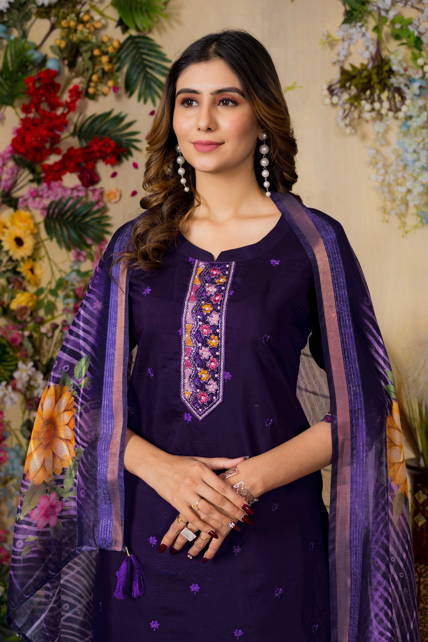 Lorenvalley Fashion Purple Roman Silk Multi Embroidery Thread With Hand Work Kurta Pant Dupatta - Swadesiicart