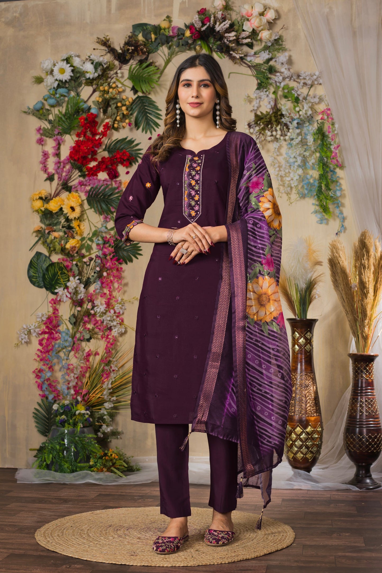 Lorenvalley Fashion Wine Roman Silk Multi Embroidery Thread With Hand Work Kurta Pant Dupatta - Swadesiicart