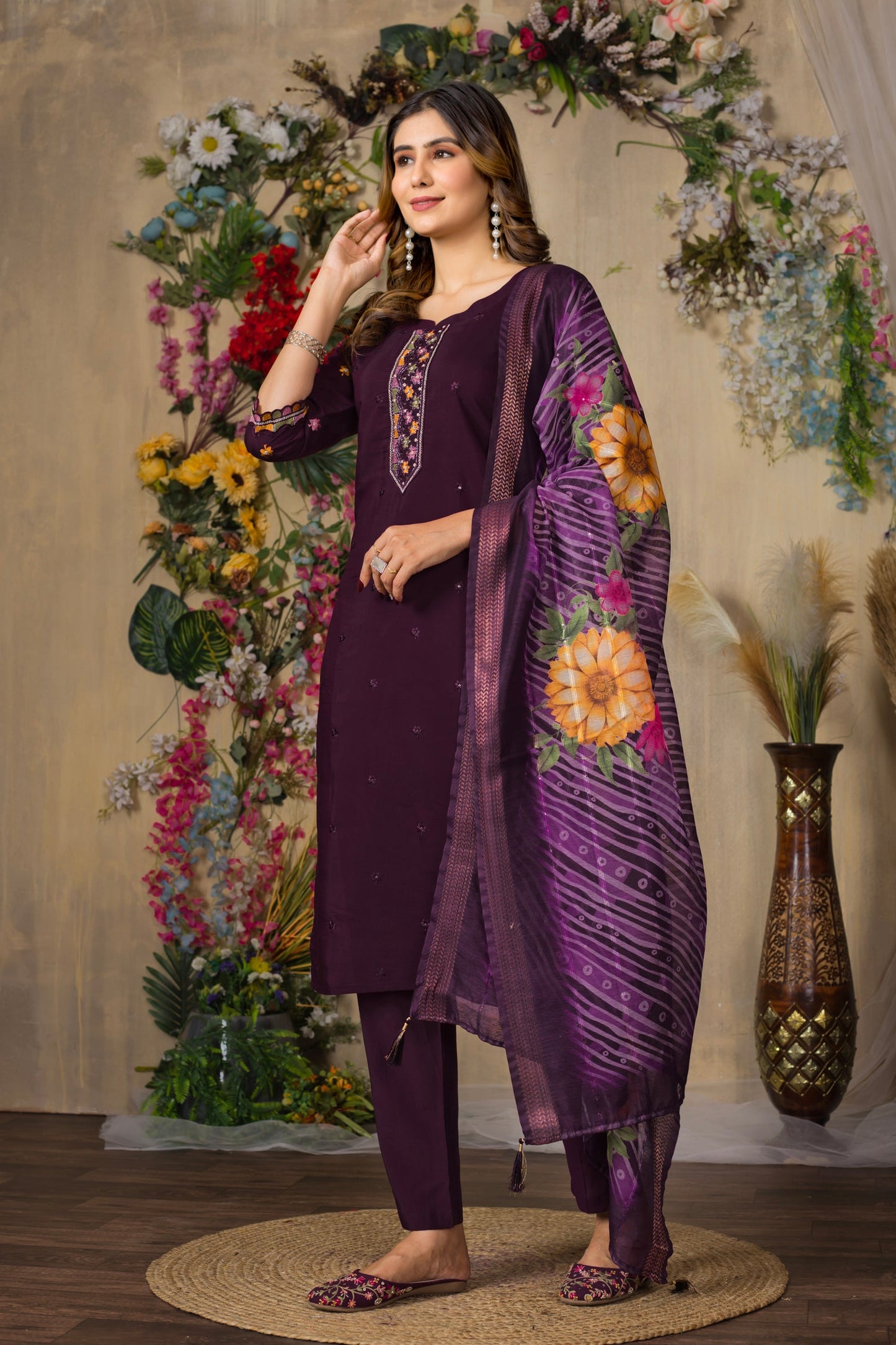 Lorenvalley Fashion Wine Roman Silk Multi Embroidery Thread With Hand Work Kurta Pant Dupatta - Swadesiicart