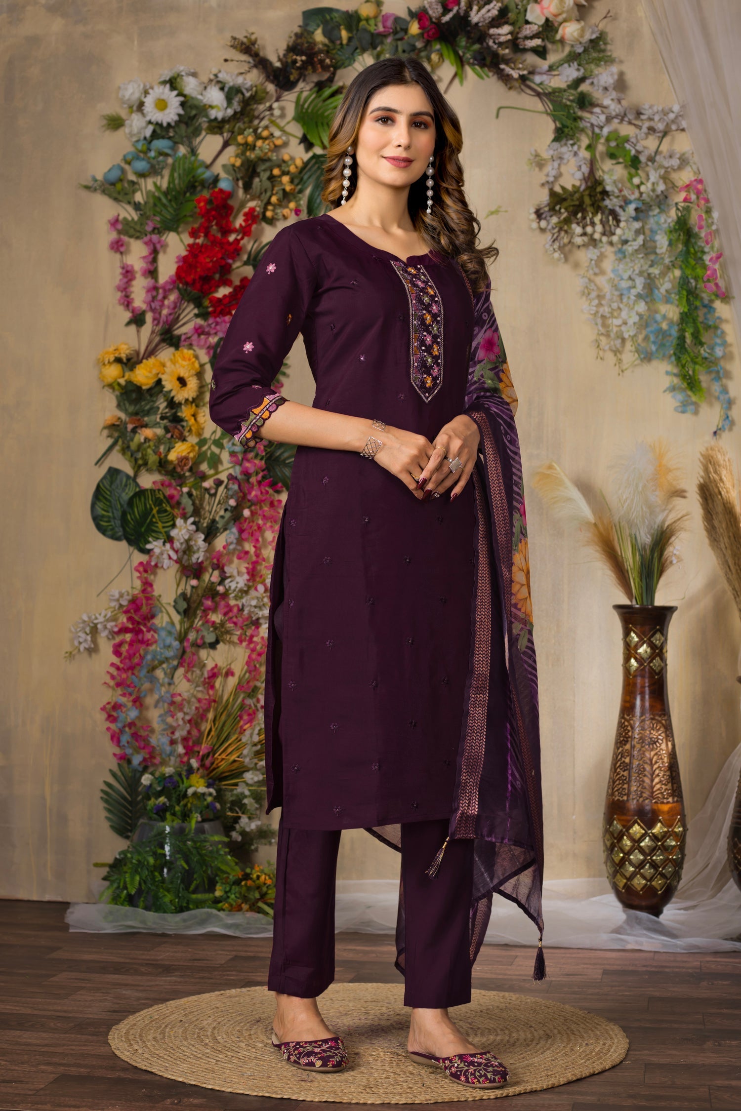 Lorenvalley Fashion Wine Roman Silk Multi Embroidery Thread With Hand Work Kurta Pant Dupatta - Swadesiicart
