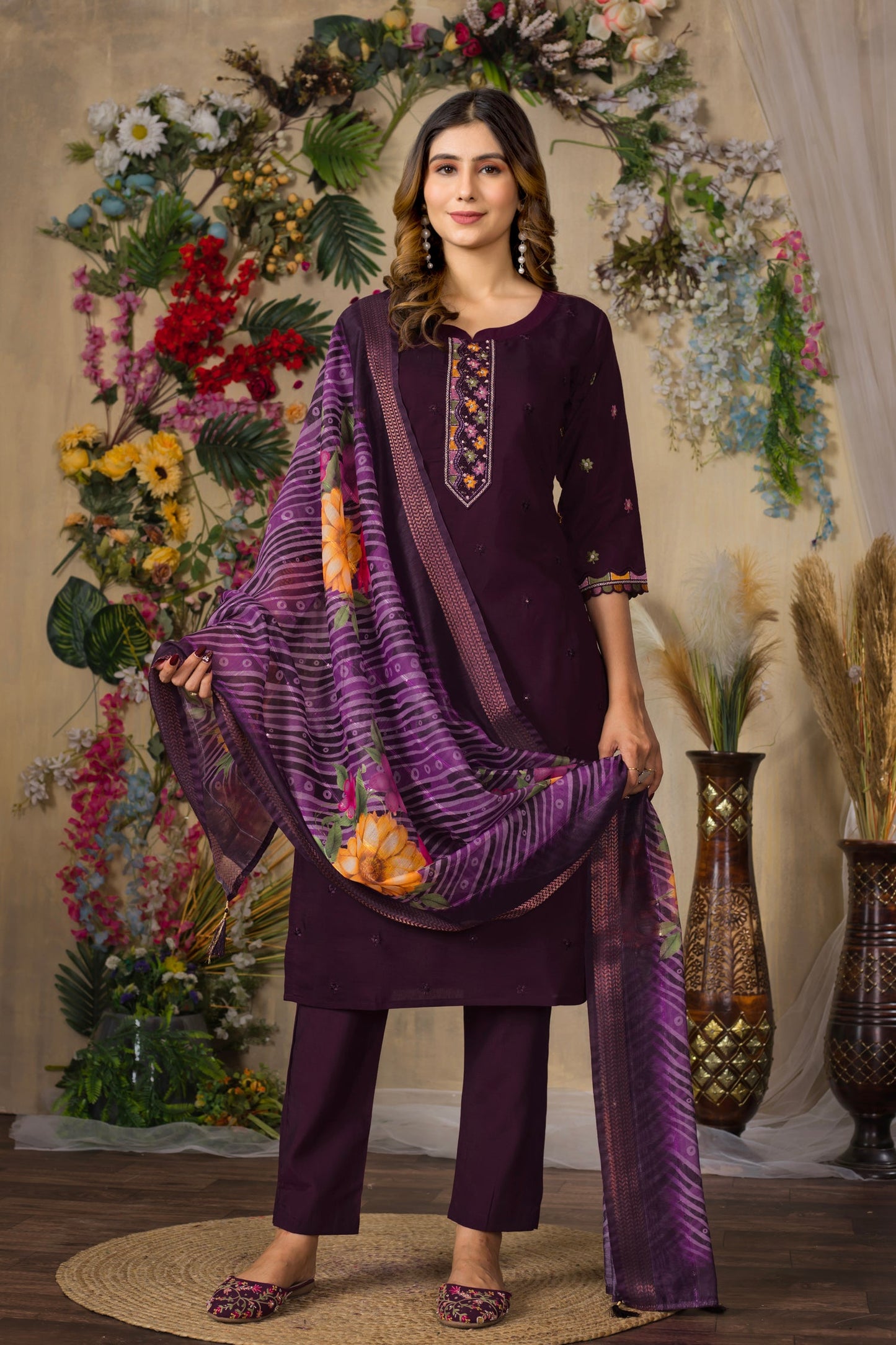 Lorenvalley Fashion Wine Roman Silk Multi Embroidery Thread With Hand Work Kurta Pant Dupatta - Swadesiicart