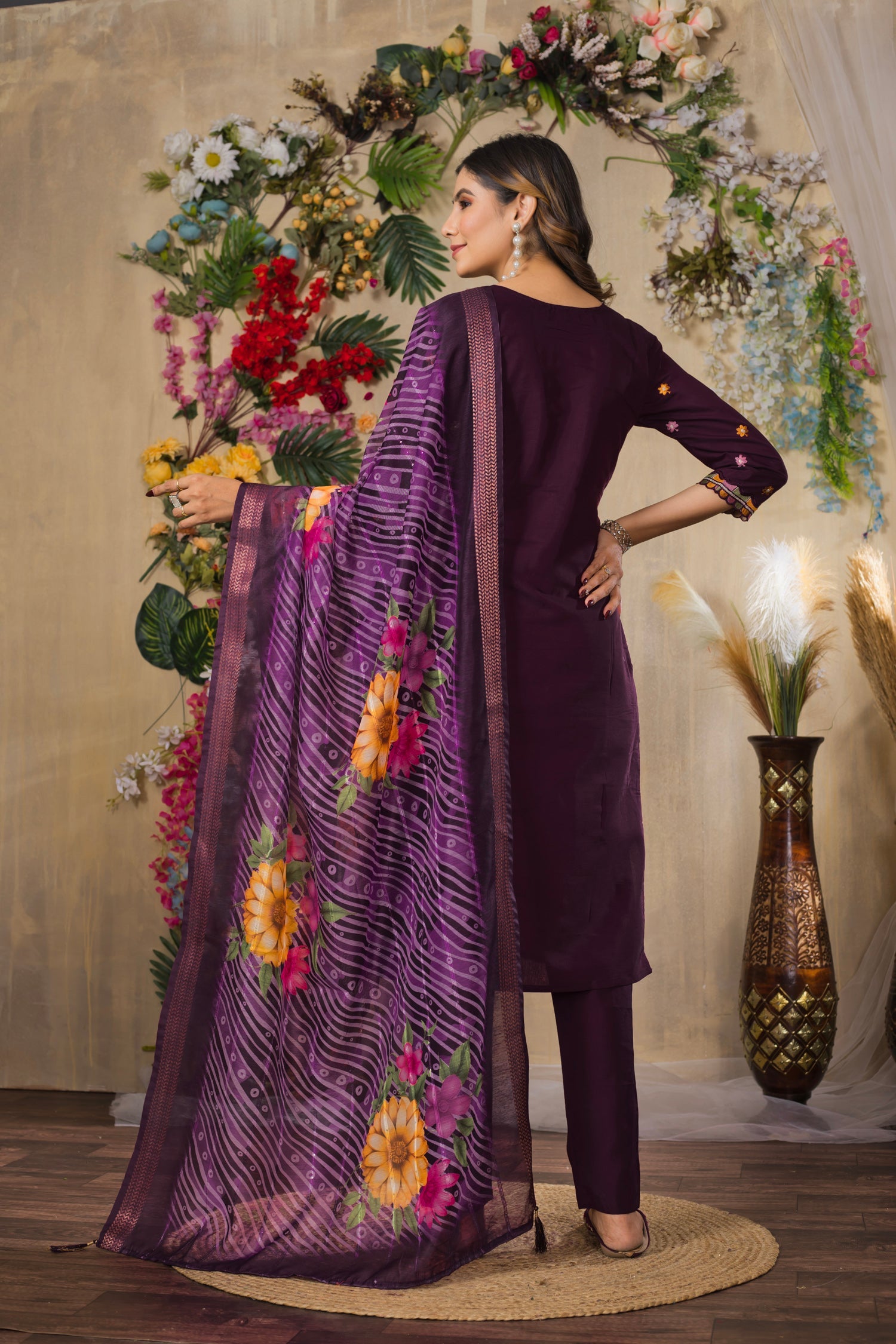 Lorenvalley Fashion Wine Roman Silk Multi Embroidery Thread With Hand Work Kurta Pant Dupatta - Swadesiicart