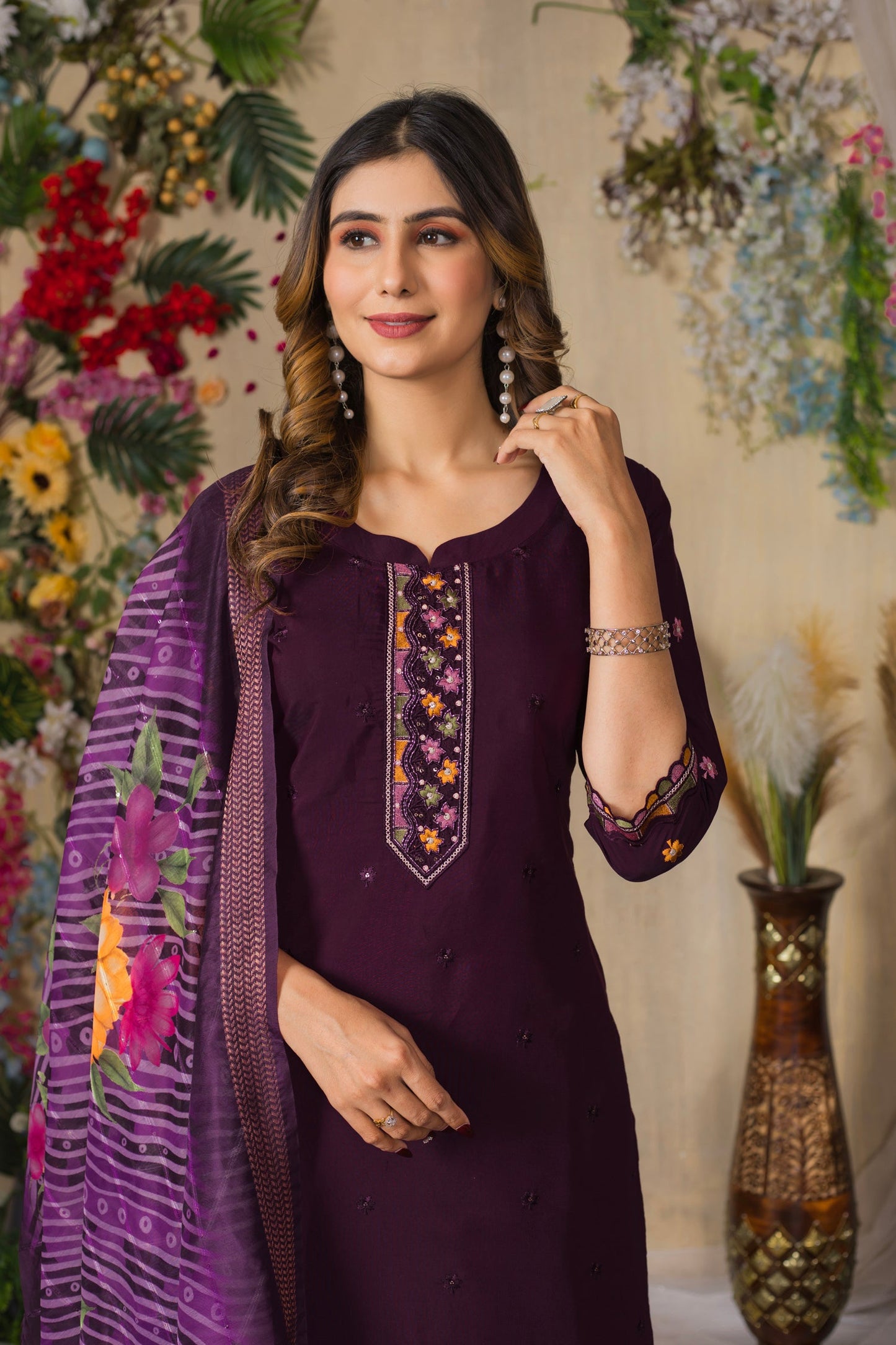 Lorenvalley Fashion Wine Roman Silk Multi Embroidery Thread With Hand Work Kurta Pant Dupatta - Swadesiicart