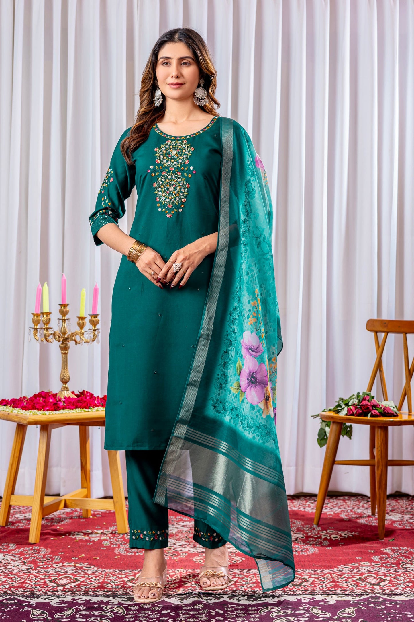 Lorenvalley Fashion Green Viscose Silk Embroidery Thread With Hand Work Kurta Pant Dupatta - Swadesiicart