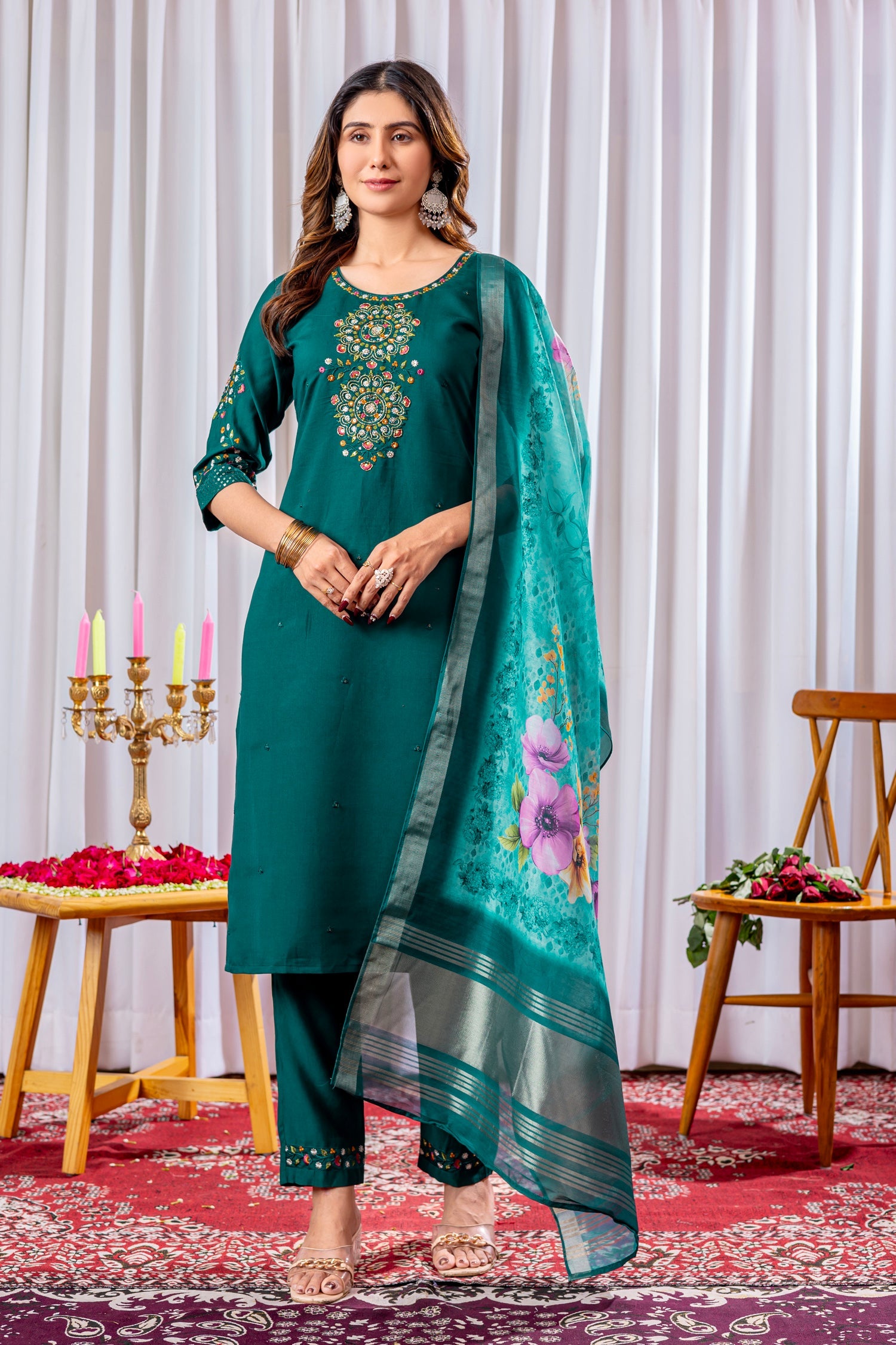 Lorenvalley Fashion Green Viscose Silk Embroidery Thread With Hand Work Kurta Pant Dupatta - Swadesiicart