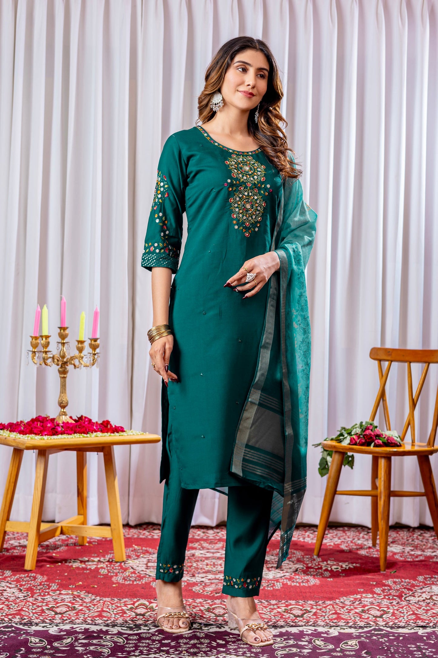 Lorenvalley Fashion Green Viscose Silk Embroidery Thread With Hand Work Kurta Pant Dupatta - Swadesiicart